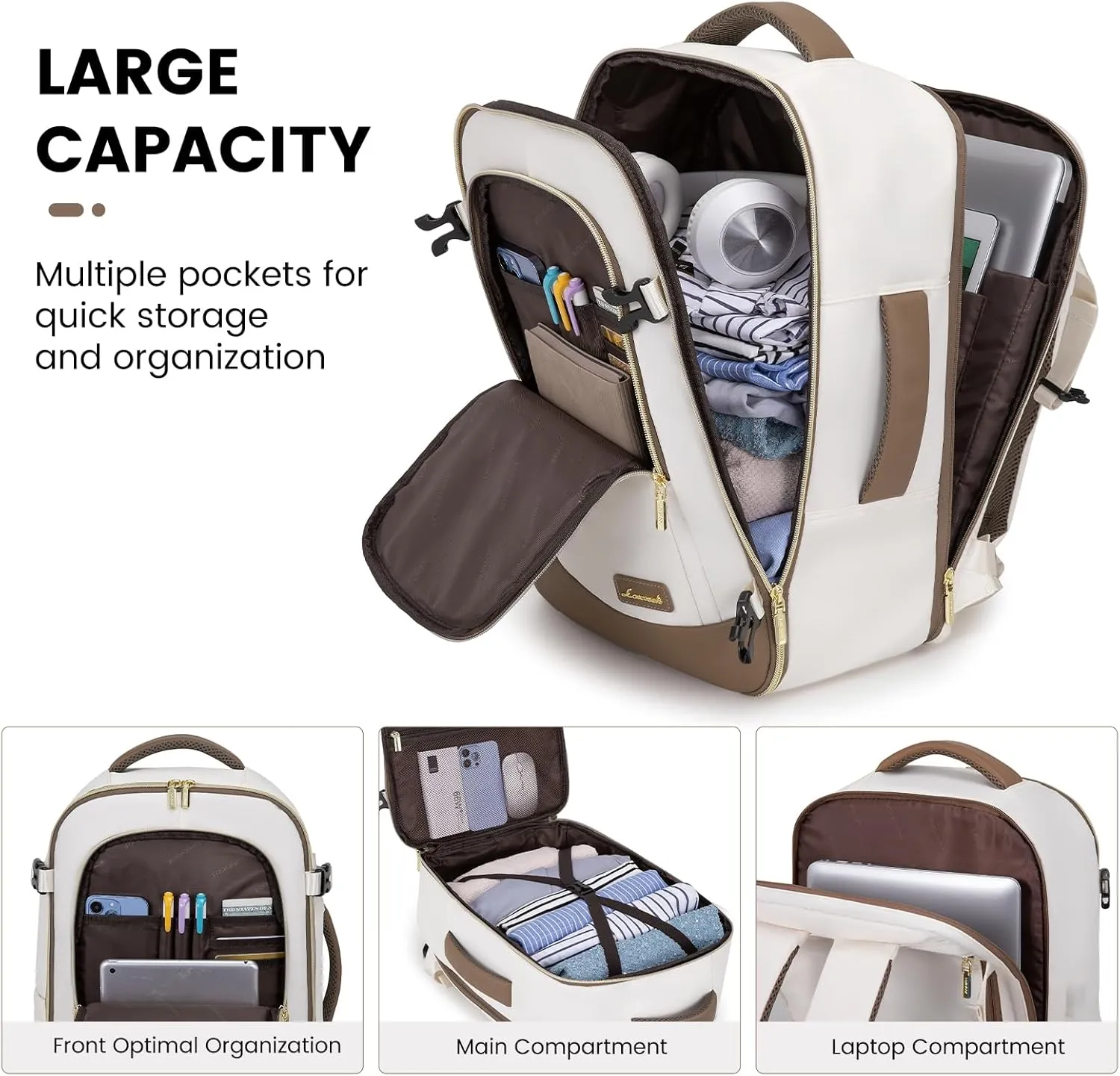 LOVEVOOK Travel Backpack for Women & Men, 40L Carry On Backpack, Personal Item Bag with 3 Packing Cubes, Business Weekender Overnight Luggage Daypack, Fits 17 Inch Laptop, Beige Grey