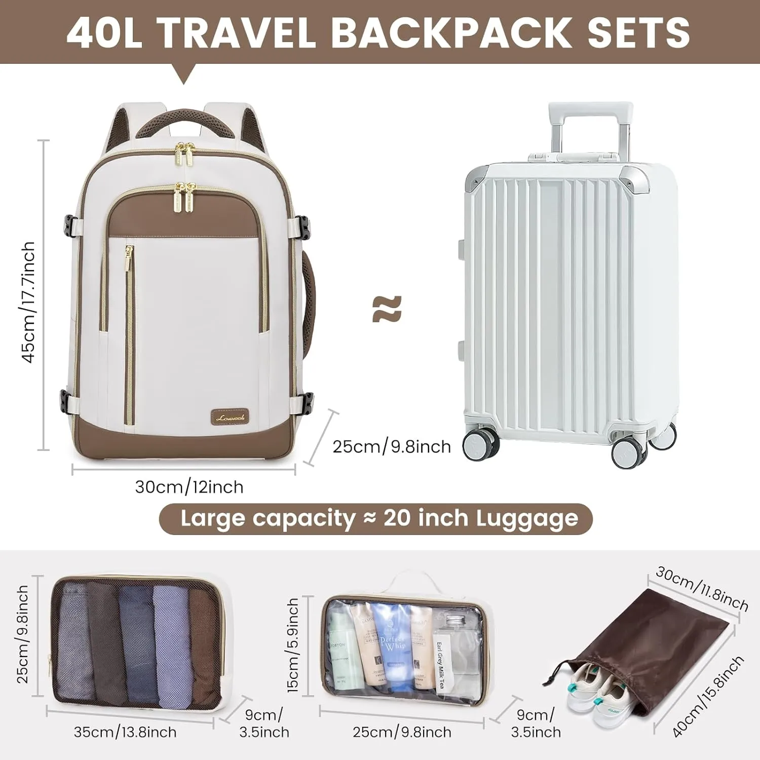 LOVEVOOK Travel Backpack for Women & Men, 40L Carry On Backpack, Personal Item Bag with 3 Packing Cubes, Business Weekender Overnight Luggage Daypack, Fits 17 Inch Laptop, Beige Grey