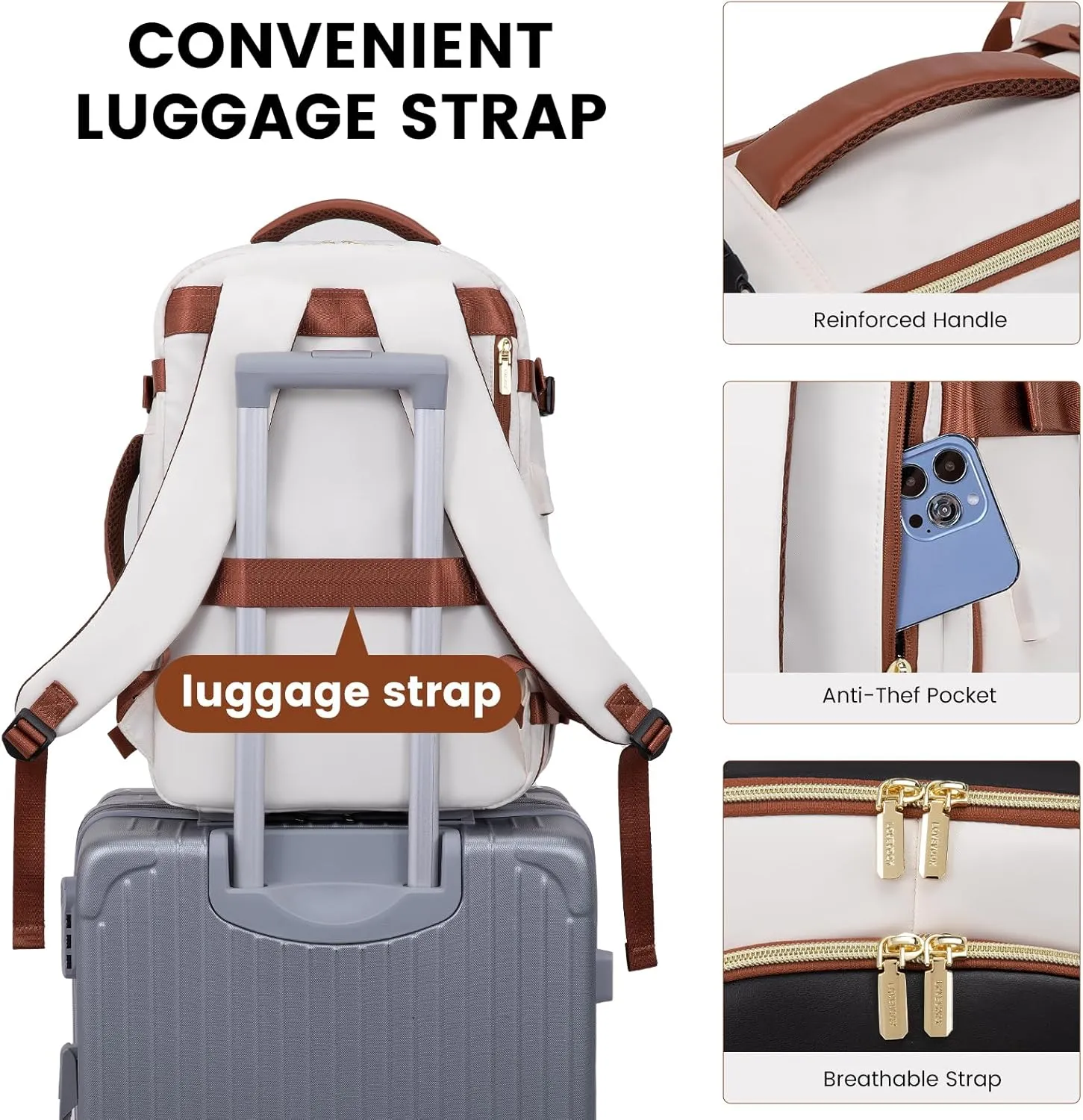 LOVEVOOK Travel Backpack for Women & Men, 45L Carry On Backpack, Personal Item Bag with 3 Packing Cubes, Business Weekender Overnight Luggage Daypack, Fits 18 Inch Laptop, Beige Brown