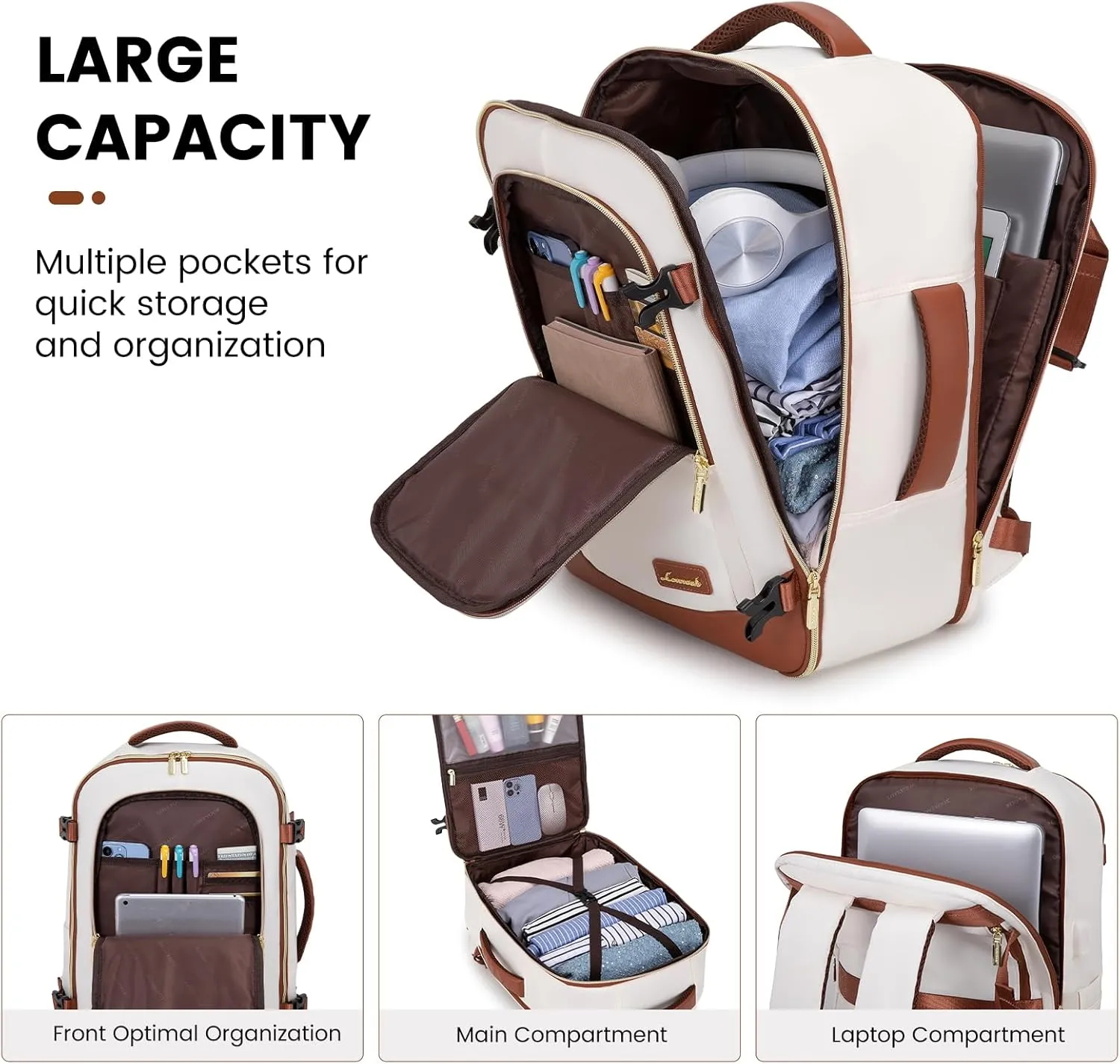 LOVEVOOK Travel Backpack for Women & Men, 45L Carry On Backpack, Personal Item Bag with 3 Packing Cubes, Business Weekender Overnight Luggage Daypack, Fits 18 Inch Laptop, Beige Brown