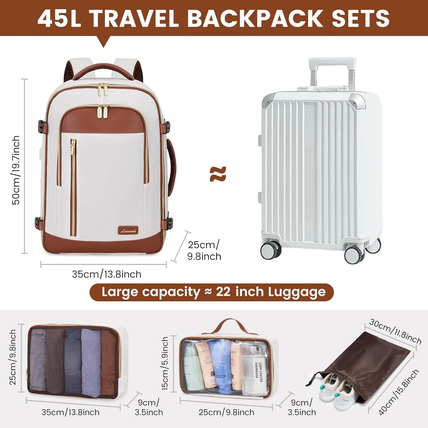 LOVEVOOK Travel Backpack for Women & Men, 45L Carry On Backpack, Personal Item Bag with 3 Packing Cubes, Business Weekender Overnight Luggage Daypack, Fits 18 Inch Laptop, Beige Brown