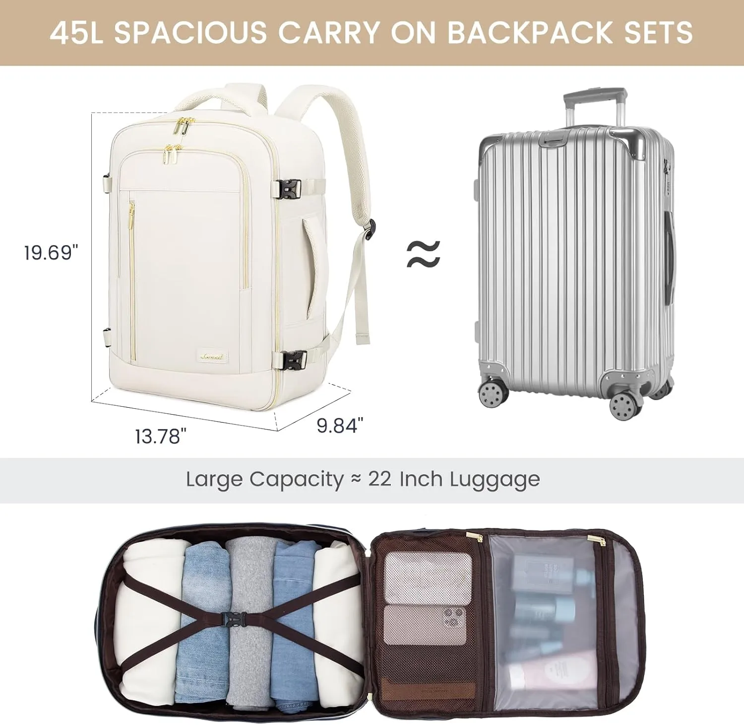 LOVEVOOK Travel Backpack for Women & Men, 45L Carry On Backpack, Personal Item Bag with 3 Packing Cubes, Business Weekender Overnight Luggage Daypack, Fits 18 Inch Laptop, Beige