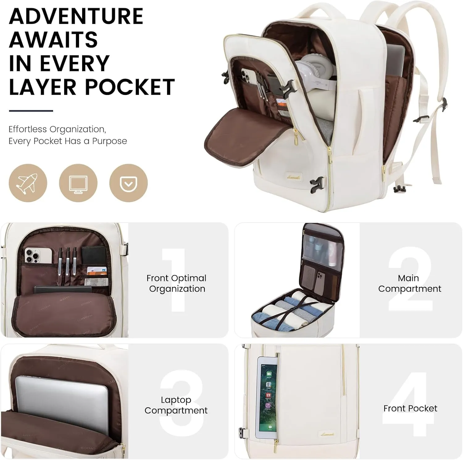 LOVEVOOK Travel Backpack for Women & Men, 45L Carry On Backpack, Personal Item Bag with 3 Packing Cubes, Business Weekender Overnight Luggage Daypack, Fits 18 Inch Laptop, Beige