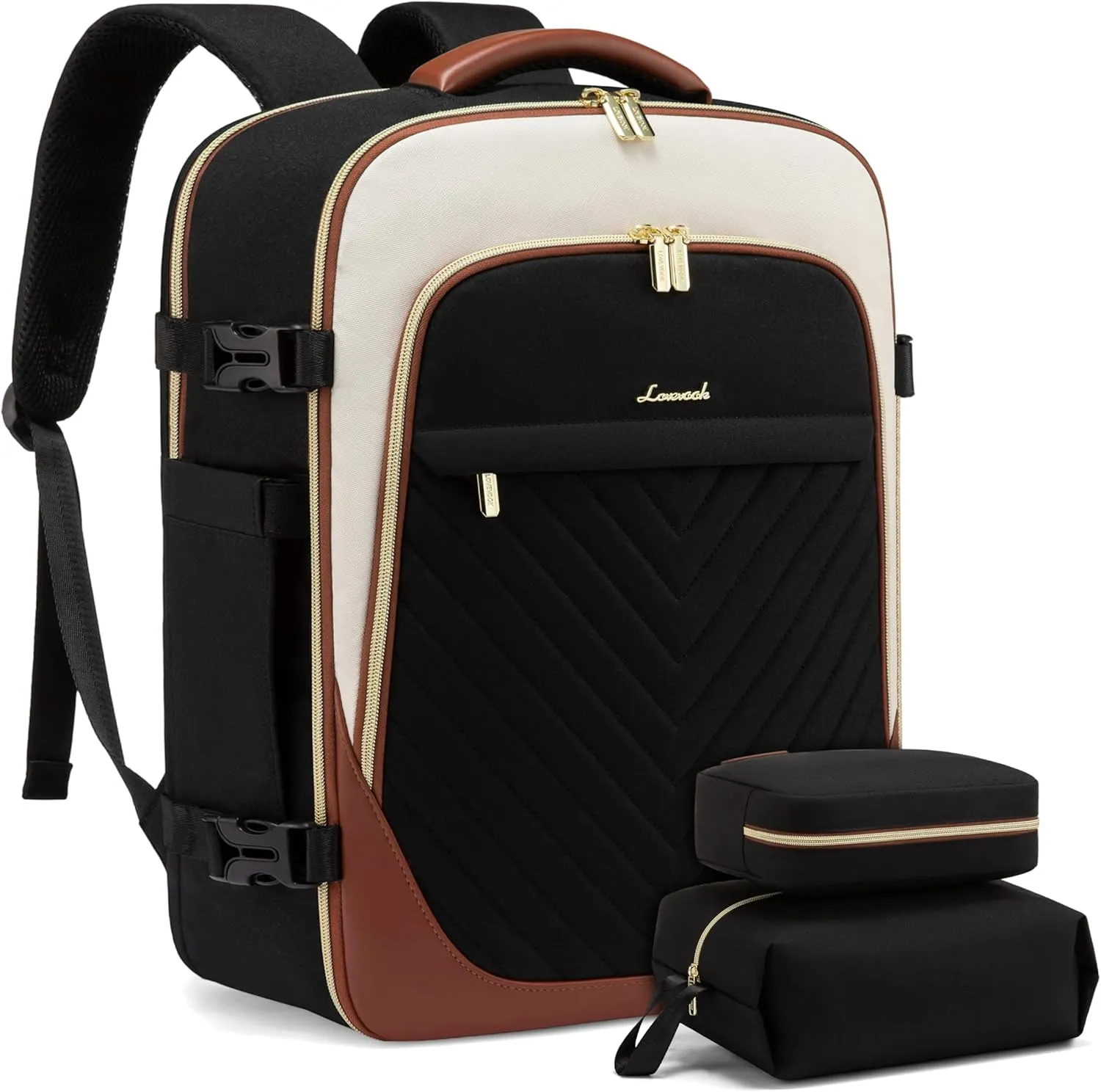 LOVEVOOK Travel Backpack for Women, TSA Approved Carry On Backpack with 2 Packing Cubes, Personal Item Backpack Fits 17 Inch Laptop, Weekender Water-resistant Daypack, Black-beige-brown