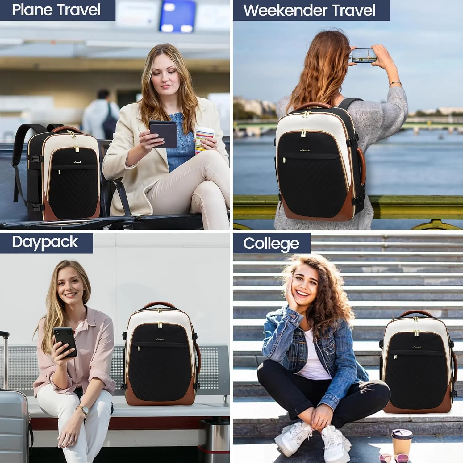 LOVEVOOK Travel Backpack for Women, TSA Approved Carry On Backpack with 2 Packing Cubes, Personal Item Backpack Fits 17 Inch Laptop, Weekender Water-resistant Daypack, Black-beige-brown