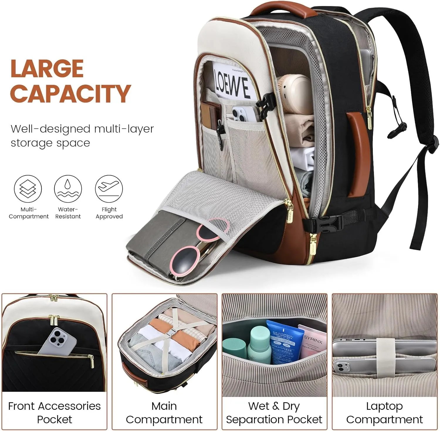 LOVEVOOK Travel Backpack for Women, TSA Approved Carry On Backpack with 2 Packing Cubes, Personal Item Backpack Fits 17 Inch Laptop, Weekender Water-resistant Daypack, Black-beige-brown