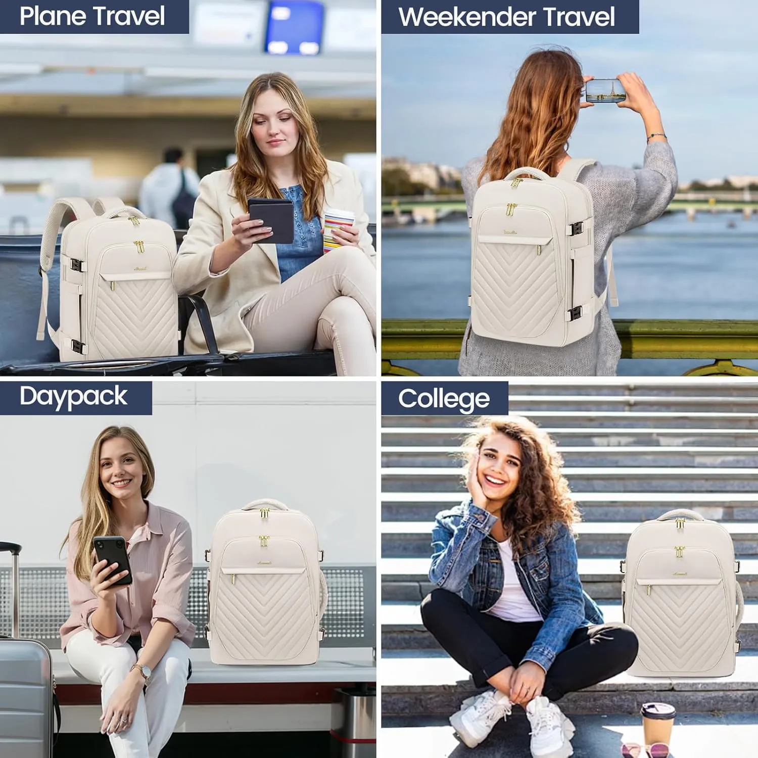 LOVEVOOK Travel Backpack for Women, TSA Personal Item Backpack Travel Bag fits 17.3" Laptop, Carry on Backpack for Weekender Business Hiking, Beige