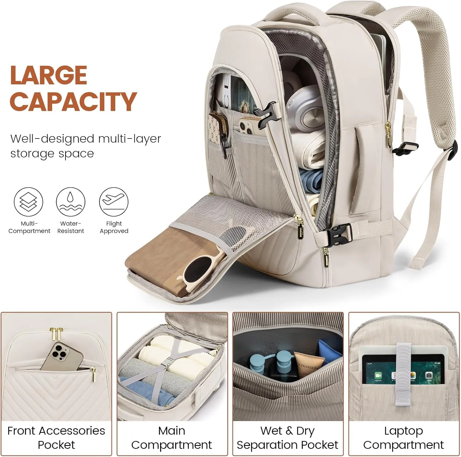 LOVEVOOK Travel Backpack for Women, TSA Personal Item Backpack Travel Bag fits 17.3" Laptop, Carry on Backpack for Weekender Business Hiking, Beige