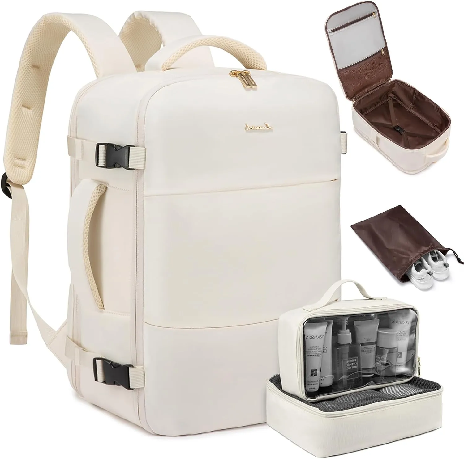 LOVEVOOK Travel Backpack for Women,40L Carry On Backpack Flight Approved with 3 Packing Cubes,TSA Personal Item Travel Bag Fits 17.3” Laptop,Weekender Hiking Business Luggage Daypack Beige