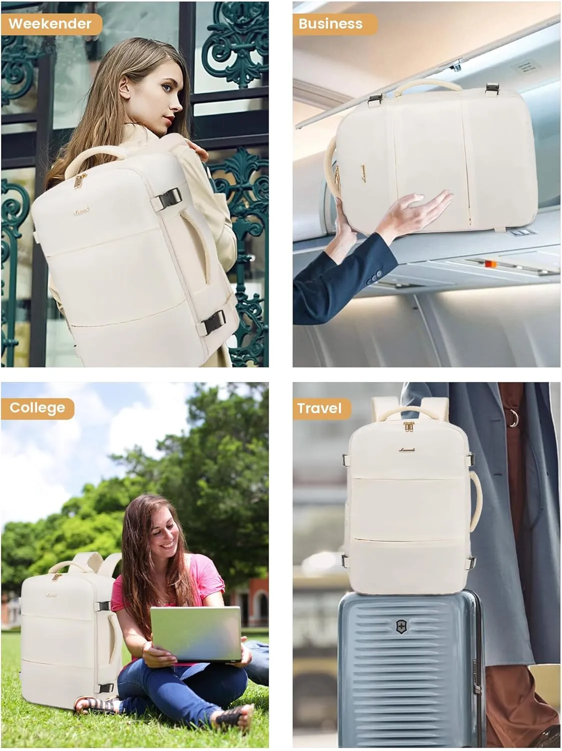 LOVEVOOK Travel Backpack for Women,40L Carry On Backpack Flight Approved with 3 Packing Cubes,TSA Personal Item Travel Bag Fits 17.3” Laptop,Weekender Hiking Business Luggage Daypack Beige