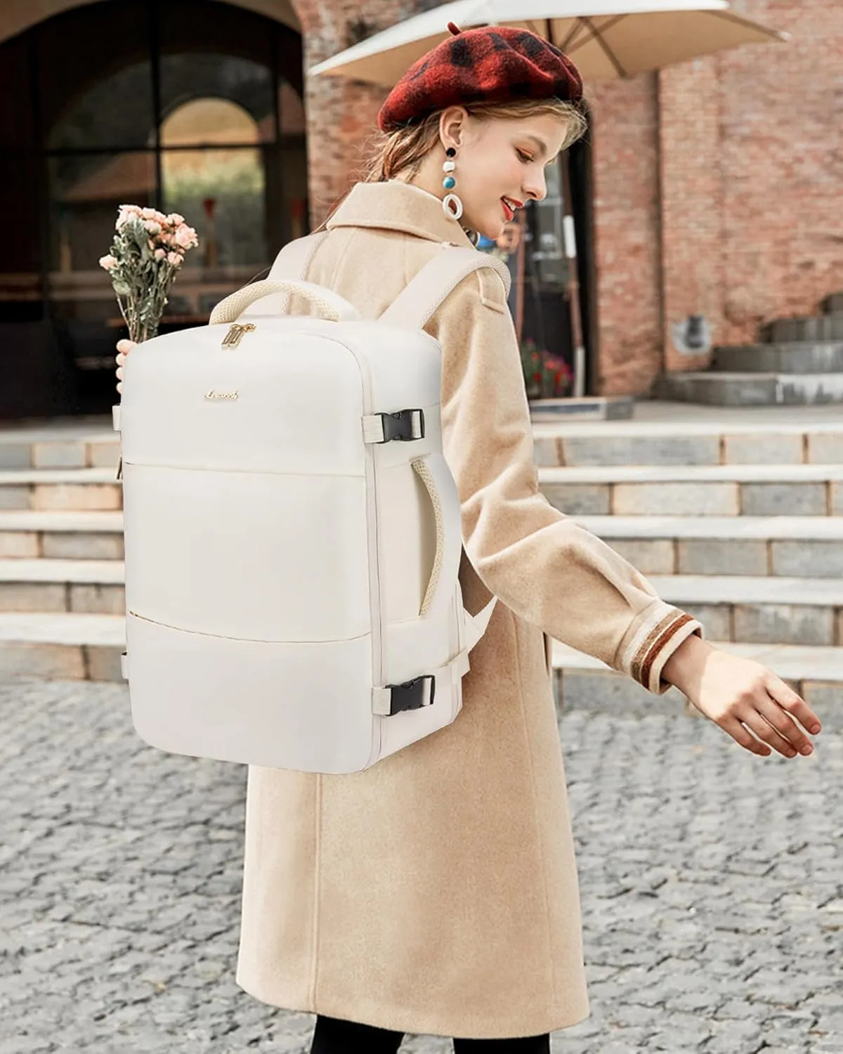 LOVEVOOK Travel Backpack for Women,40L Carry On Backpack Flight Approved with 3 Packing Cubes,TSA Personal Item Travel Bag Fits 17.3” Laptop,Weekender Hiking Business Luggage Daypack Beige