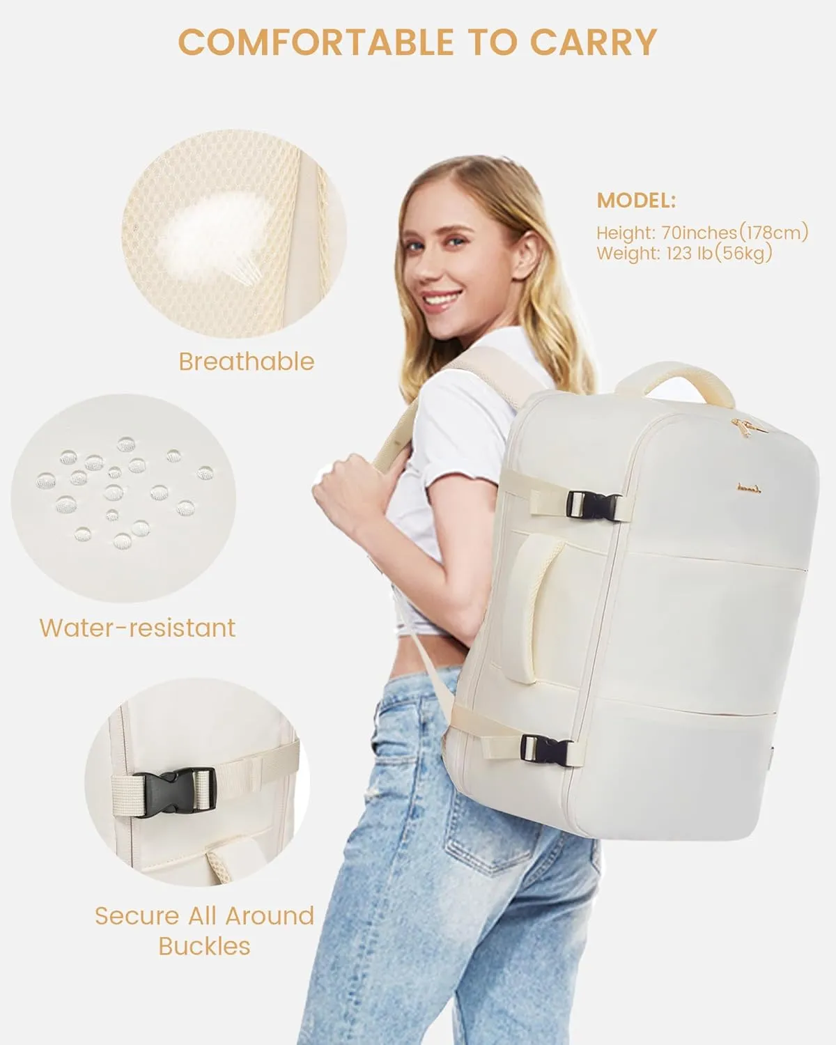 LOVEVOOK Travel Backpack for Women,40L Carry On Backpack Flight Approved with 3 Packing Cubes,TSA Personal Item Travel Bag Fits 17.3” Laptop,Weekender Hiking Business Luggage Daypack Beige