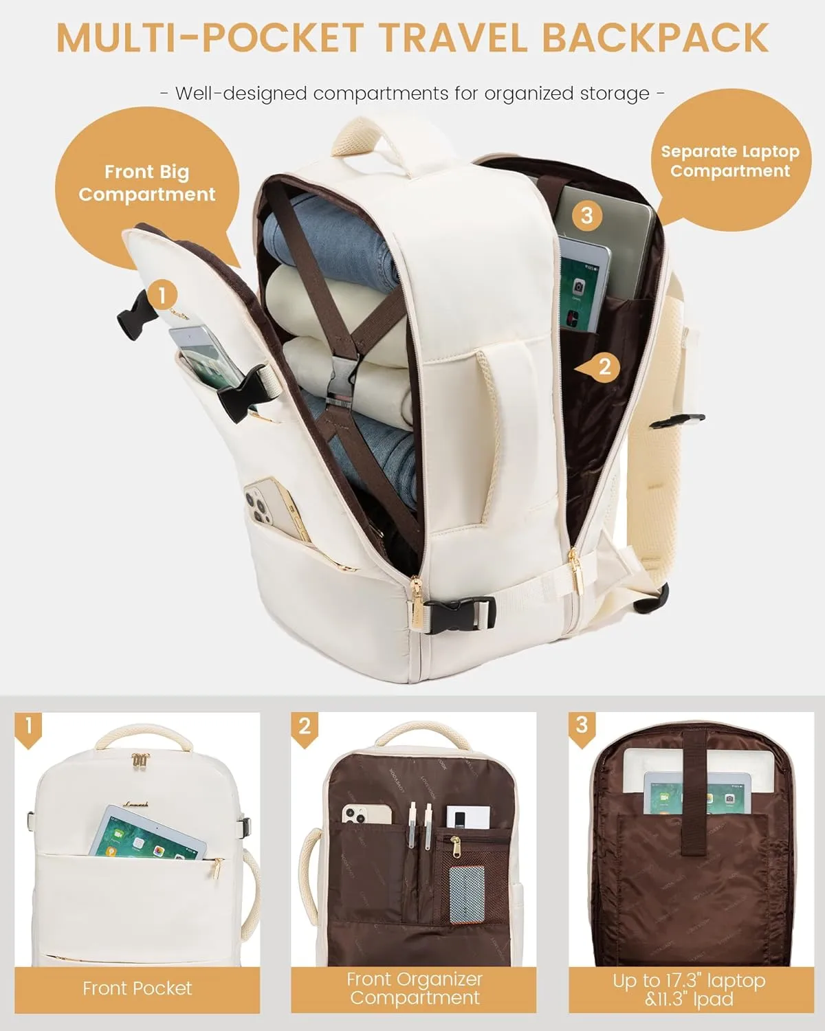 LOVEVOOK Travel Backpack for Women,40L Carry On Backpack Flight Approved with 3 Packing Cubes,TSA Personal Item Travel Bag Fits 17.3” Laptop,Weekender Hiking Business Luggage Daypack Beige