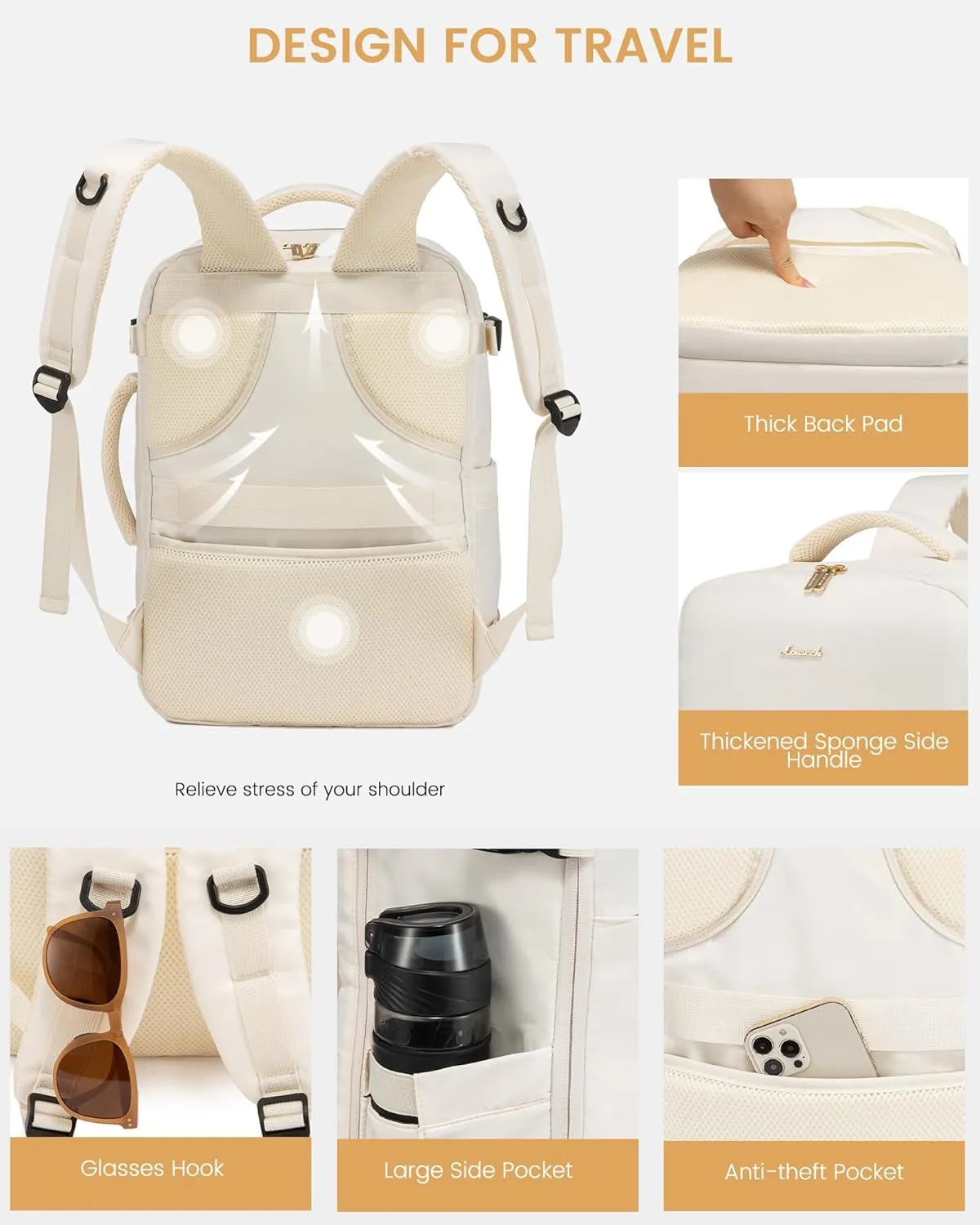 LOVEVOOK Travel Backpack for Women,40L Carry On Backpack Flight Approved with 3 Packing Cubes,TSA Personal Item Travel Bag Fits 17.3” Laptop,Weekender Hiking Business Luggage Daypack Beige