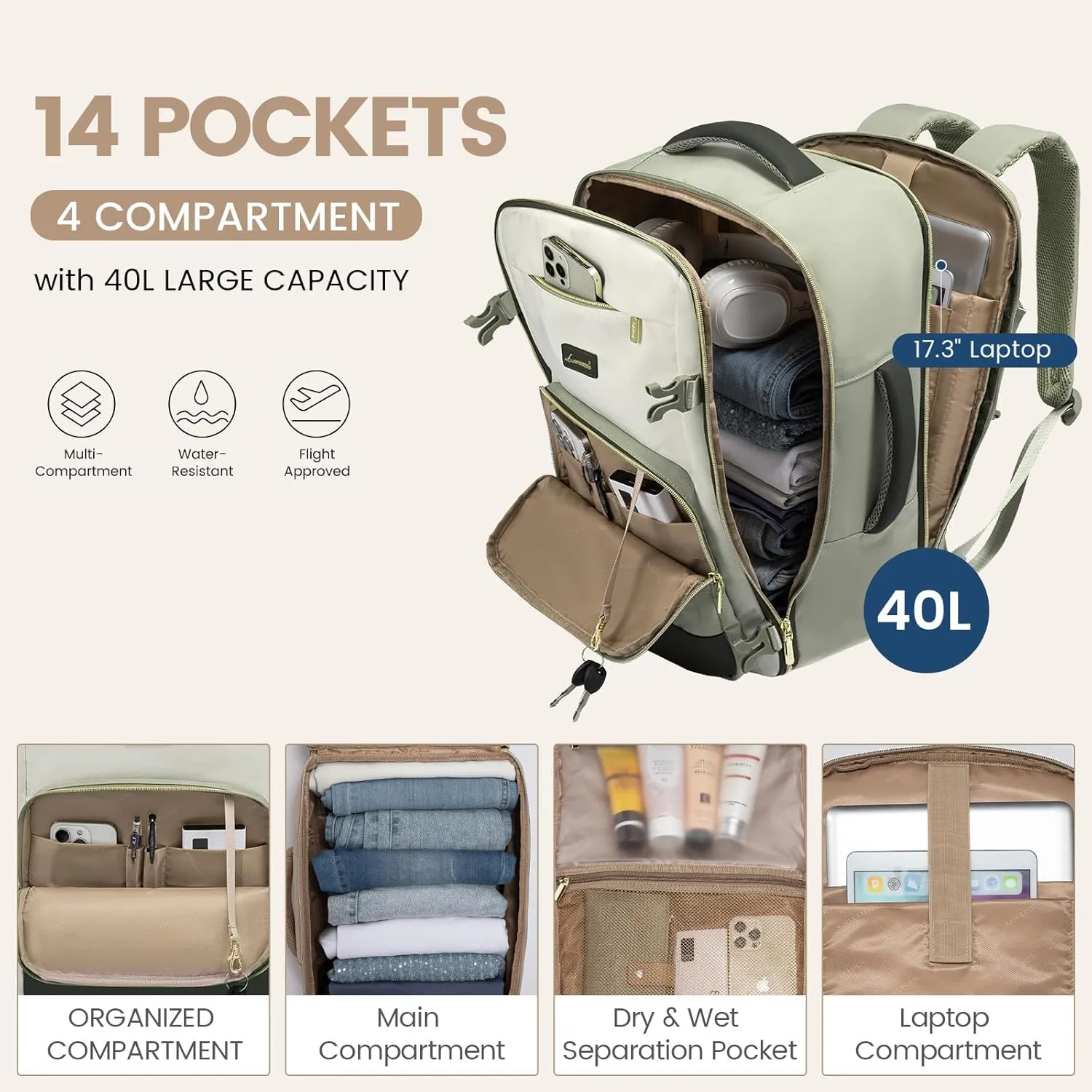 LOVEVOOK Travel Backpack for Women,40L Carry On Backpack Flight Approved,TSA Personal Item Travel Bag Fits 17.3" Laptop with 3 Packing Cubes,Large Waterproof Bag,Light Green and beige and olive Green