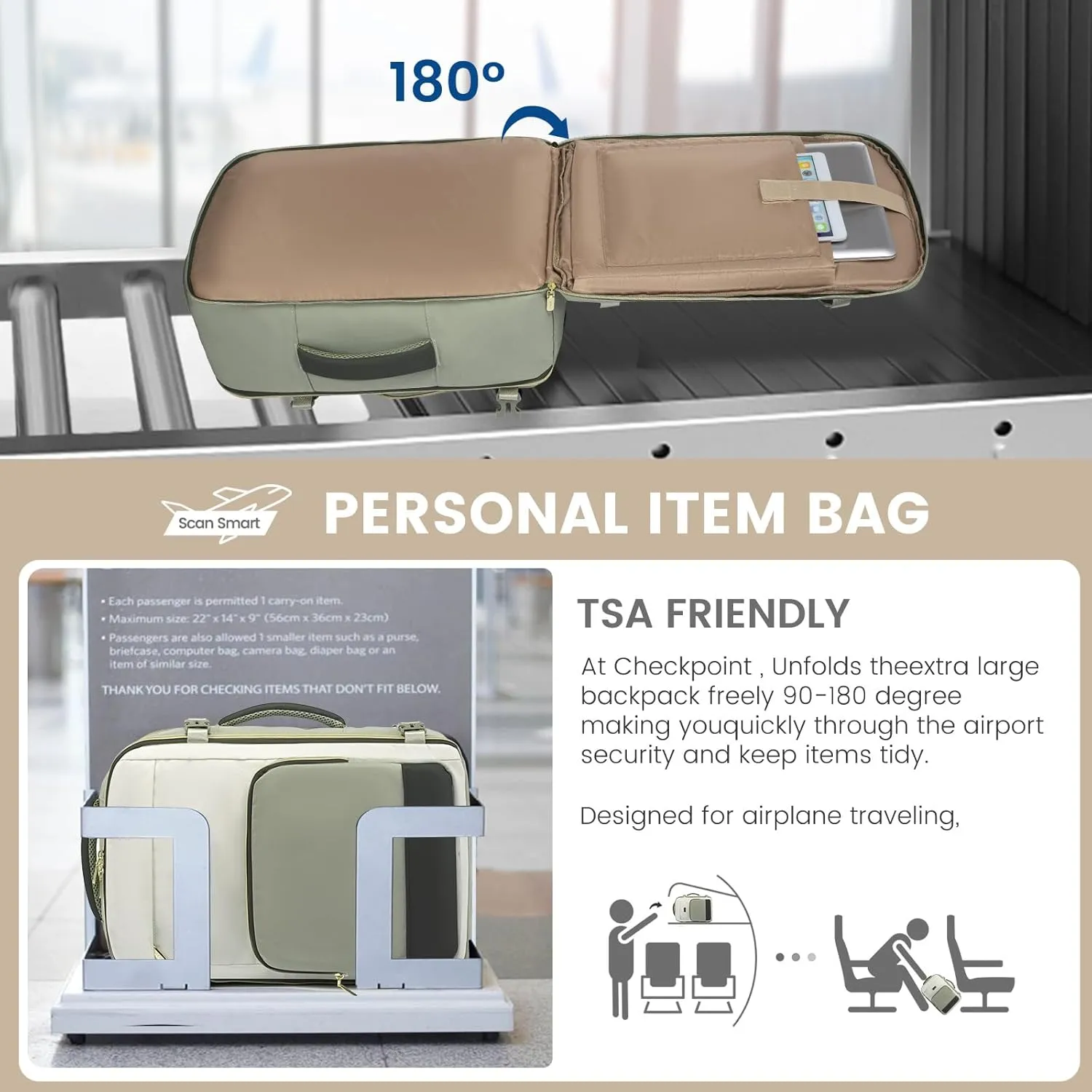 LOVEVOOK Travel Backpack for Women,40L Carry On Backpack Flight Approved,TSA Personal Item Travel Bag Fits 17.3" Laptop with 3 Packing Cubes,Large Waterproof Bag,Light Green and beige and olive Green