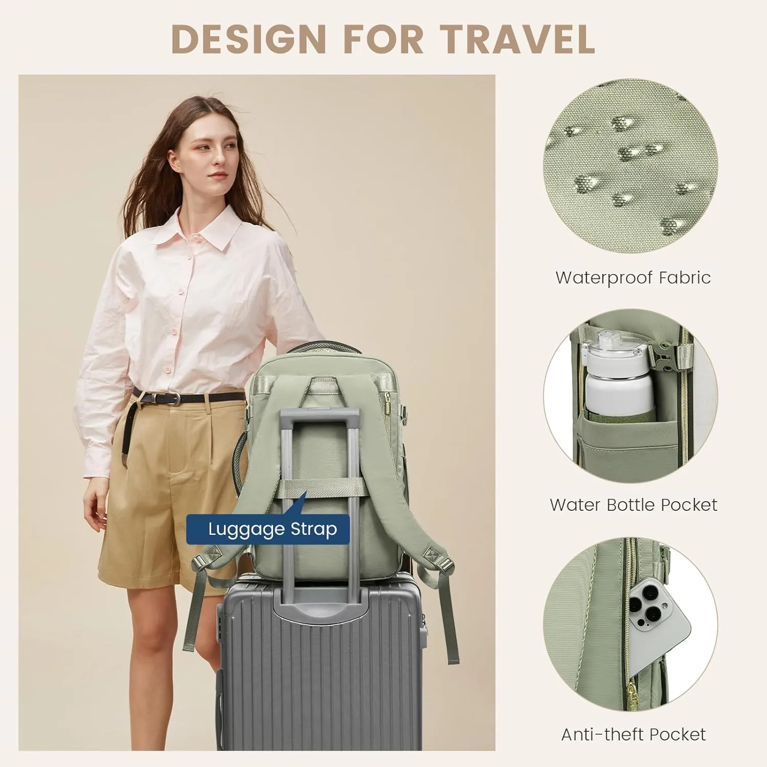 LOVEVOOK Travel Backpack for Women,40L Carry On Backpack Flight Approved,TSA Personal Item Travel Bag Fits 17.3" Laptop with 3 Packing Cubes,Large Waterproof Bag,Light Green and beige and olive Green