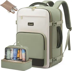 LOVEVOOK Travel Backpack for Women,40L Carry On Backpack Flight Approved,TSA Personal Item Travel Bag Fits 17.3" Laptop with 3 Packing Cubes,Large Waterproof Bag,Light Green and beige and olive Green