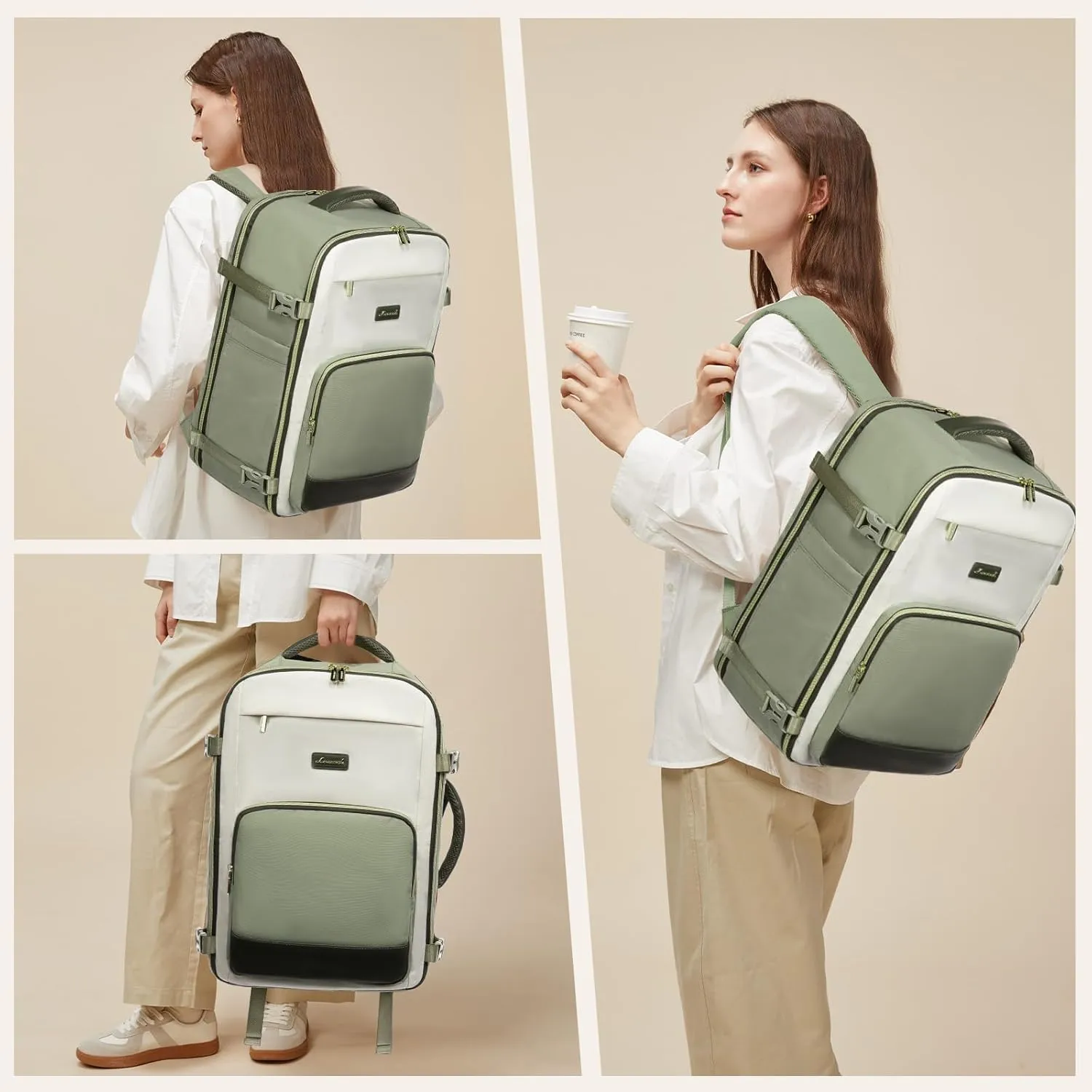 LOVEVOOK Travel Backpack for Women,40L Carry On Backpack Flight Approved,TSA Personal Item Travel Bag Fits 17.3" Laptop with 3 Packing Cubes,Large Waterproof Bag,Light Green and beige and olive Green