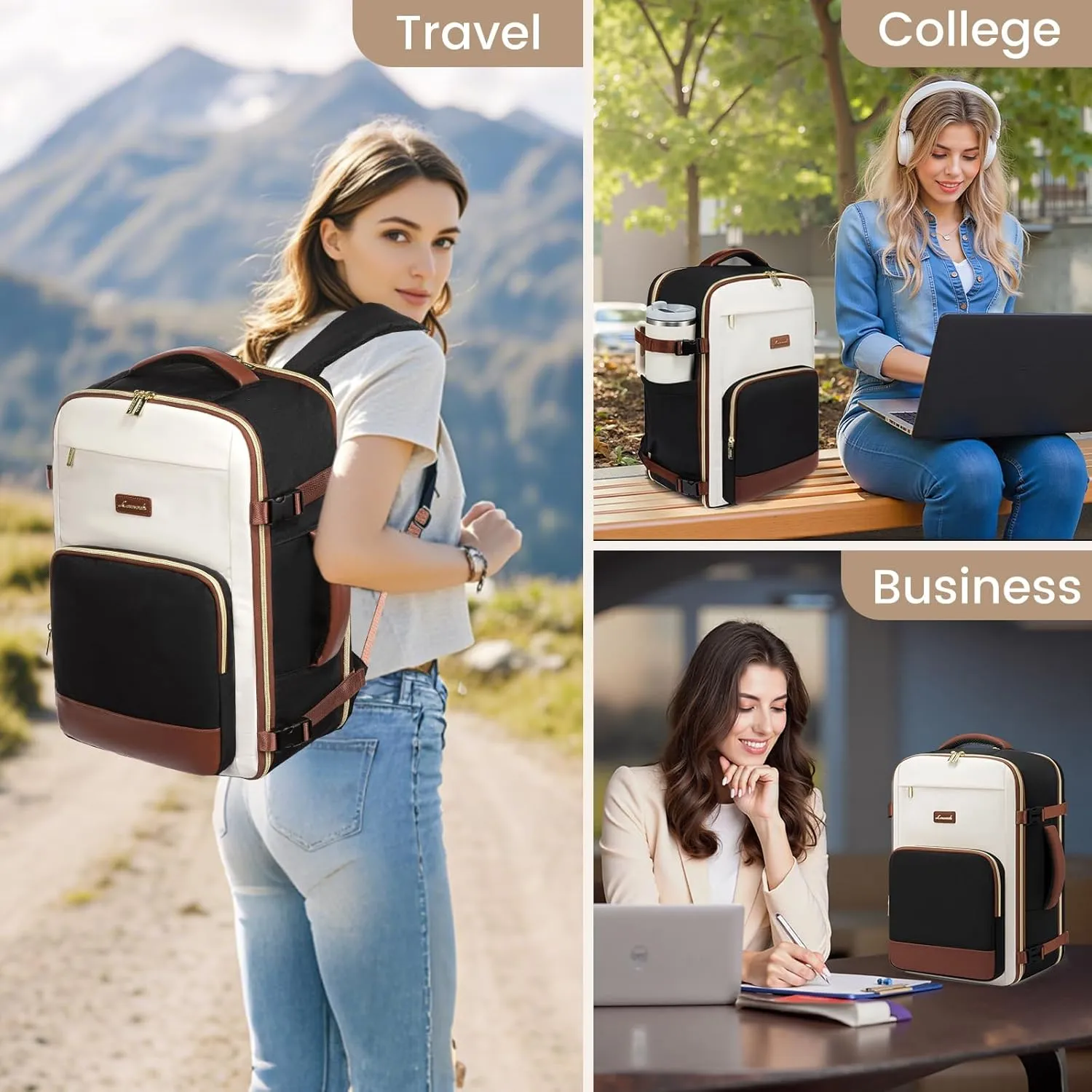LOVEVOOK Travel Backpack for Women,40L Carry On Backpack Flight Approved,TSA Personal Item Travel Bag Fits 17.3" Laptop with 3 Packing Cubes,Large Waterproof Daypack,Beige and black and brown
