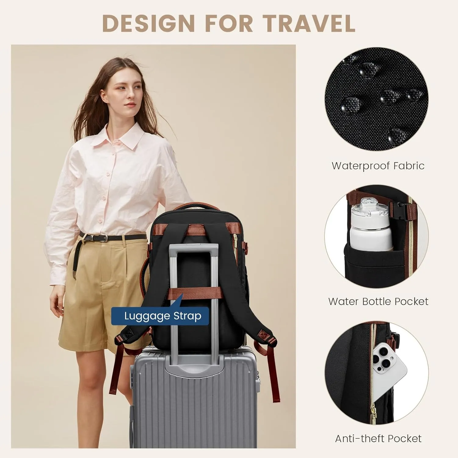LOVEVOOK Travel Backpack for Women,40L Carry On Backpack Flight Approved,TSA Personal Item Travel Bag Fits 17.3" Laptop with 3 Packing Cubes,Large Waterproof Daypack,Beige and black and brown