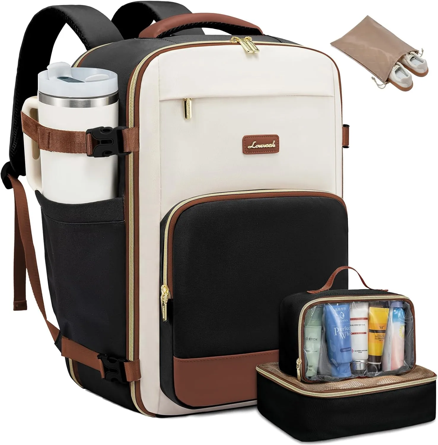 LOVEVOOK Travel Backpack for Women,40L Carry On Backpack Flight Approved,TSA Personal Item Travel Bag Fits 17.3" Laptop with 3 Packing Cubes,Large Waterproof Daypack,Beige and black and brown