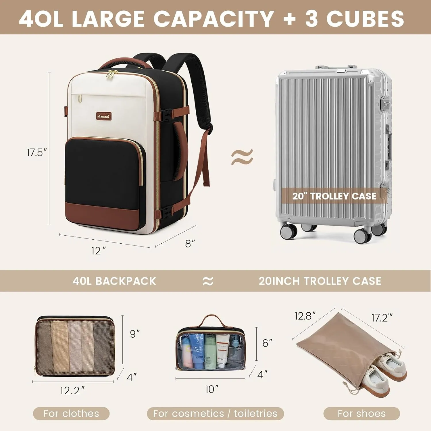 LOVEVOOK Travel Backpack for Women,40L Carry On Backpack Flight Approved,TSA Personal Item Travel Bag Fits 17.3" Laptop with 3 Packing Cubes,Large Waterproof Daypack,Beige and black and brown