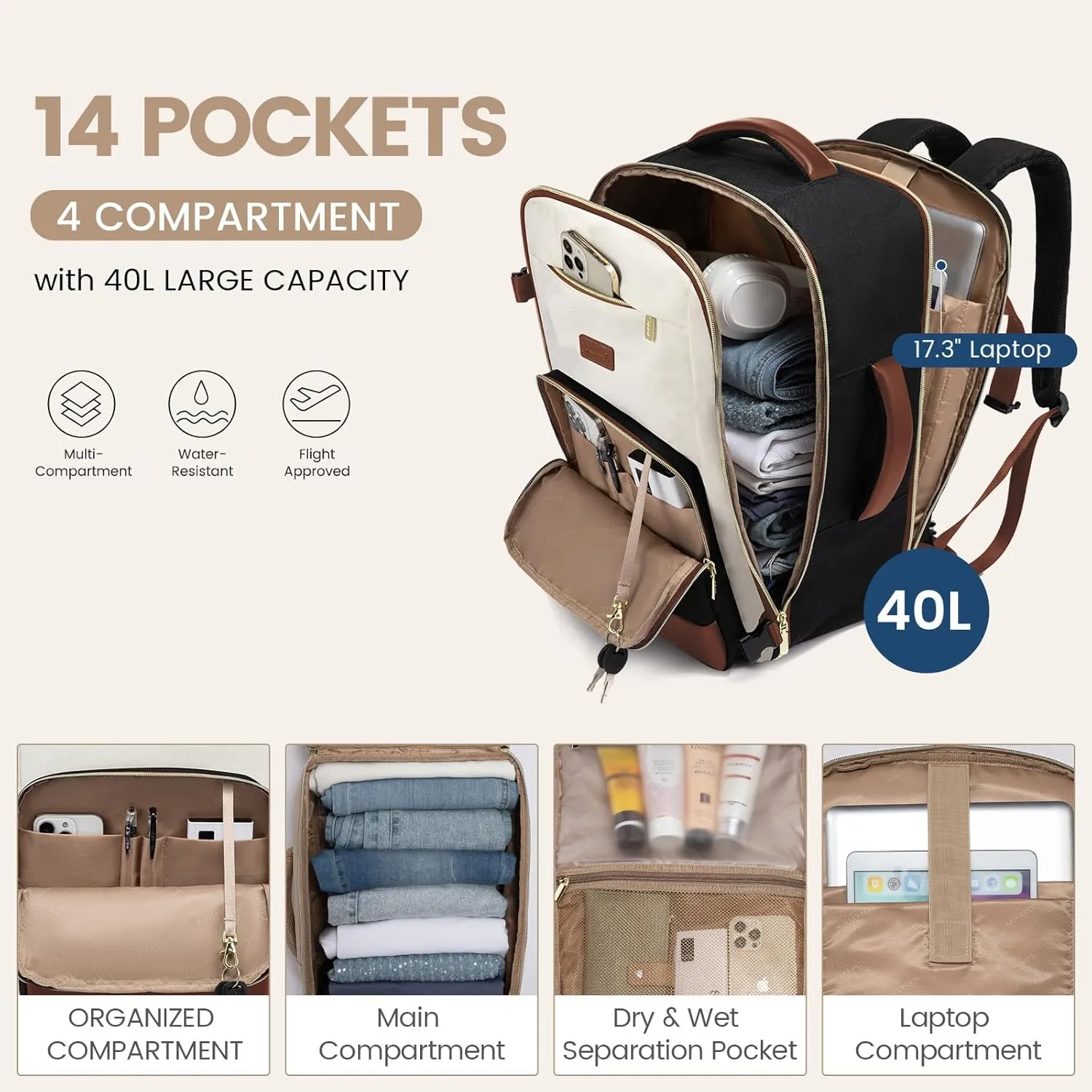 LOVEVOOK Travel Backpack for Women,40L Carry On Backpack Flight Approved,TSA Personal Item Travel Bag Fits 17.3" Laptop with 3 Packing Cubes,Large Waterproof Daypack,Beige and black and brown