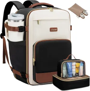 LOVEVOOK Travel Backpack for Women,40L Carry On Backpack Flight Approved,TSA Personal Item Travel Bag Fits 17.3" Laptop with 3 Packing Cubes,Large Waterproof Daypack,Beige and black and brown