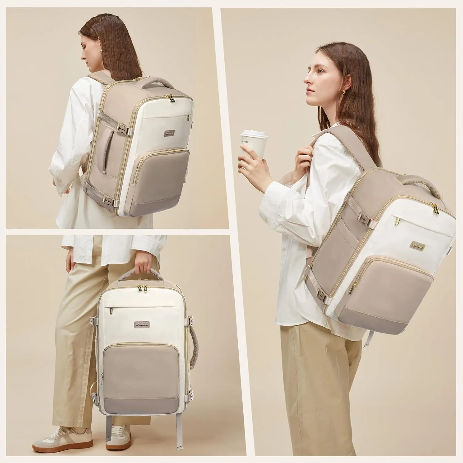 LOVEVOOK Travel Backpack for Women,40L Carry On Backpack Flight Approved,TSA Personal Item Travel Bag Fits 17.3" Laptop with 3 Packing Cubes,Large Waterproof Weekender Daypack,Beige and khaki