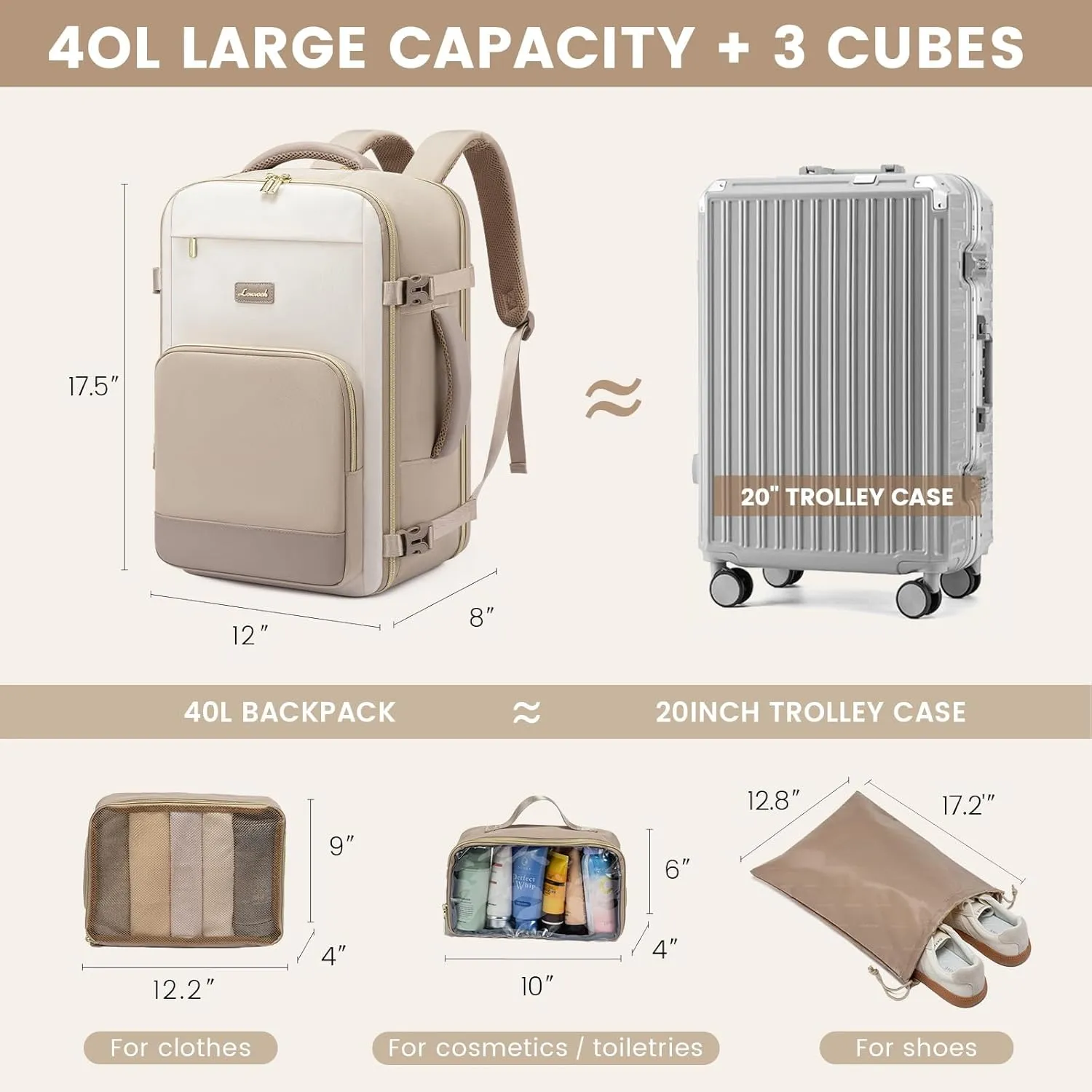 LOVEVOOK Travel Backpack for Women,40L Carry On Backpack Flight Approved,TSA Personal Item Travel Bag Fits 17.3" Laptop with 3 Packing Cubes,Large Waterproof Weekender Daypack,Beige and khaki