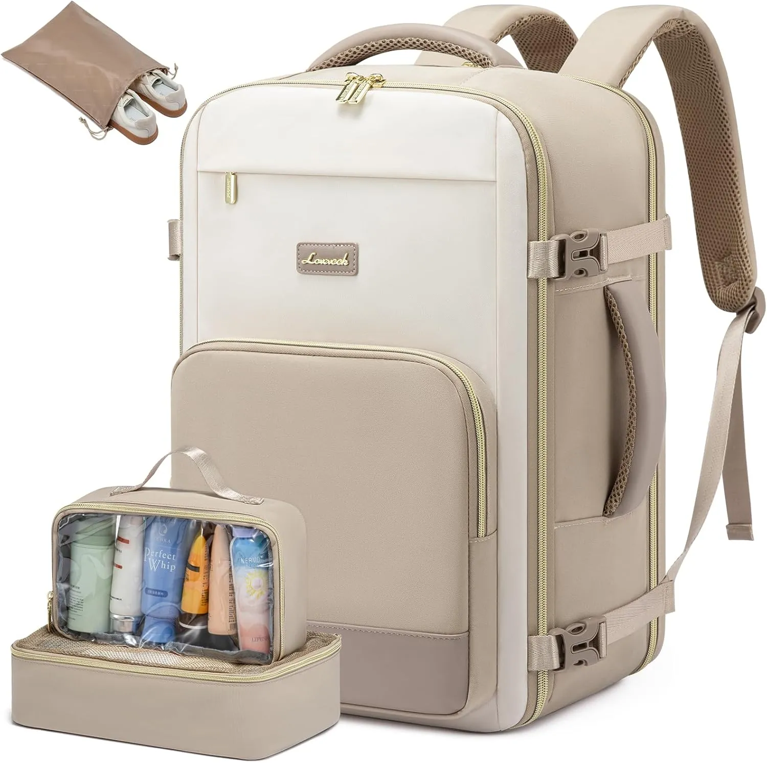 LOVEVOOK Travel Backpack for Women,40L Carry On Backpack Flight Approved,TSA Personal Item Travel Bag Fits 17.3" Laptop with 3 Packing Cubes,Large Waterproof Weekender Daypack,Beige and khaki