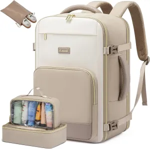 LOVEVOOK Travel Backpack for Women,40L Carry On Backpack Flight Approved,TSA Personal Item Travel Bag Fits 17.3" Laptop with 3 Packing Cubes,Large Waterproof Weekender Daypack,Beige and khaki