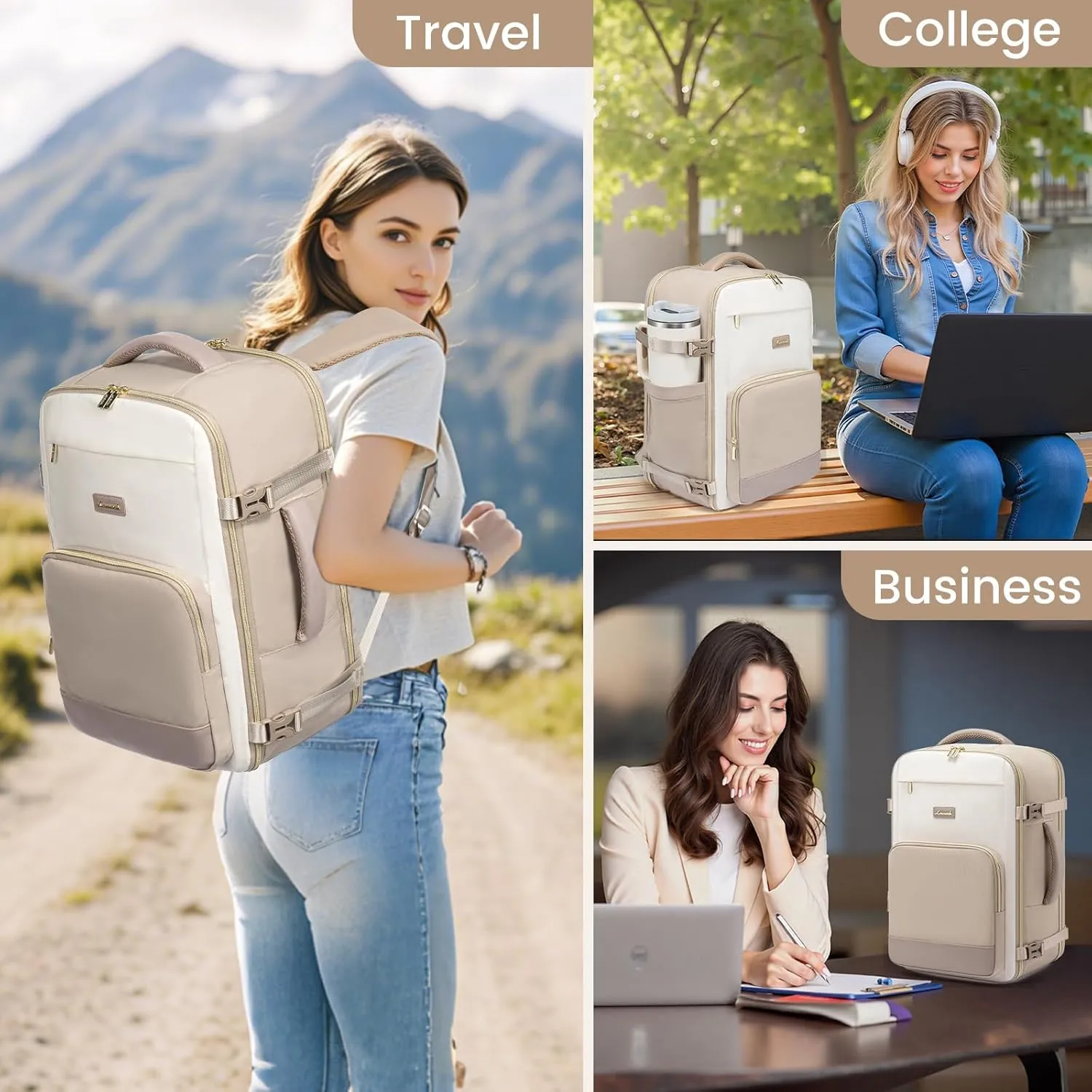 LOVEVOOK Travel Backpack for Women,40L Carry On Backpack Flight Approved,TSA Personal Item Travel Bag Fits 17.3" Laptop with 3 Packing Cubes,Large Waterproof Weekender Daypack,Beige and khaki