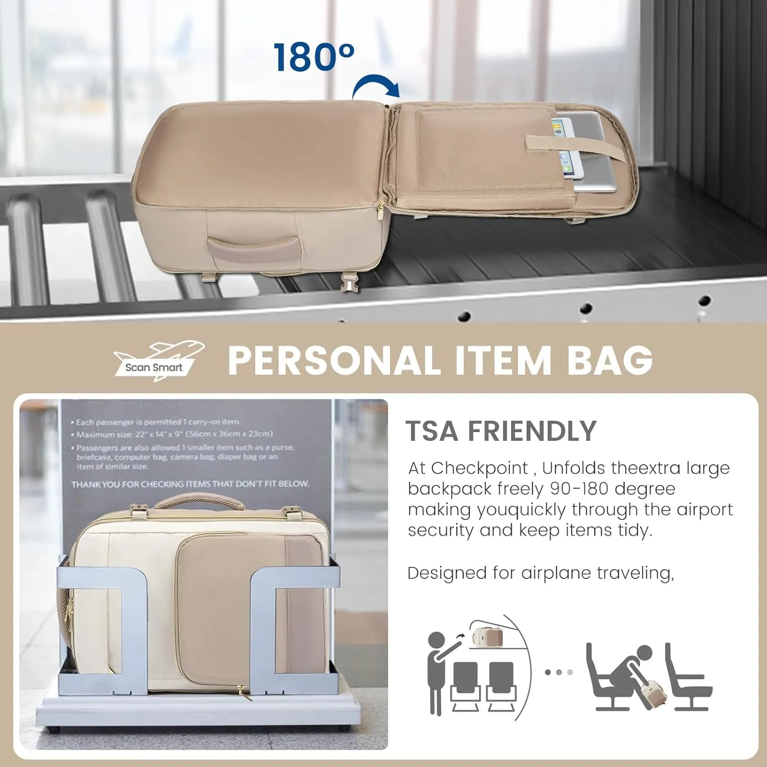 LOVEVOOK Travel Backpack for Women,40L Carry On Backpack Flight Approved,TSA Personal Item Travel Bag Fits 17.3" Laptop with 3 Packing Cubes,Large Waterproof Weekender Daypack,Beige and khaki