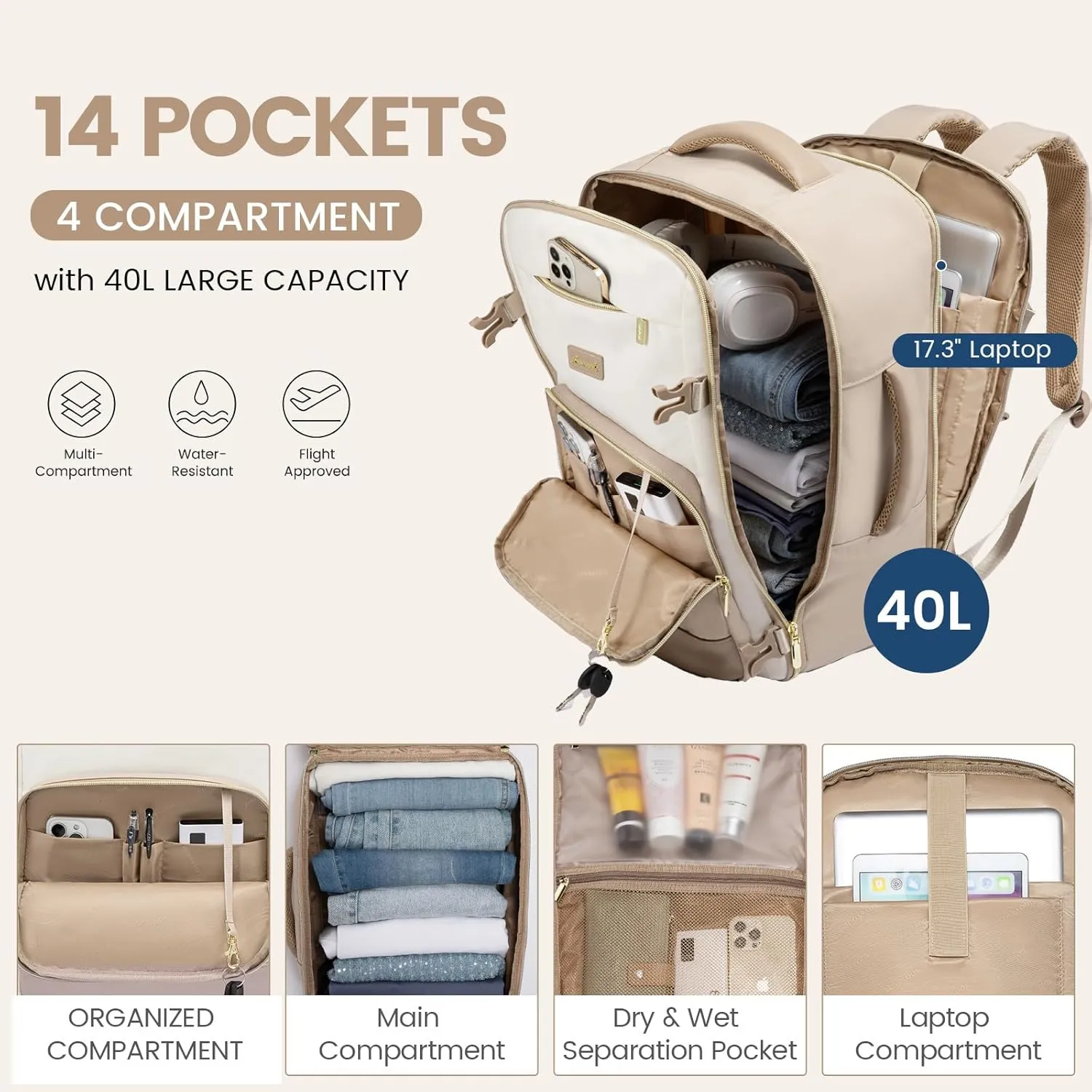 LOVEVOOK Travel Backpack for Women,40L Carry On Backpack Flight Approved,TSA Personal Item Travel Bag Fits 17.3" Laptop with 3 Packing Cubes,Large Waterproof Weekender Daypack,Beige and khaki