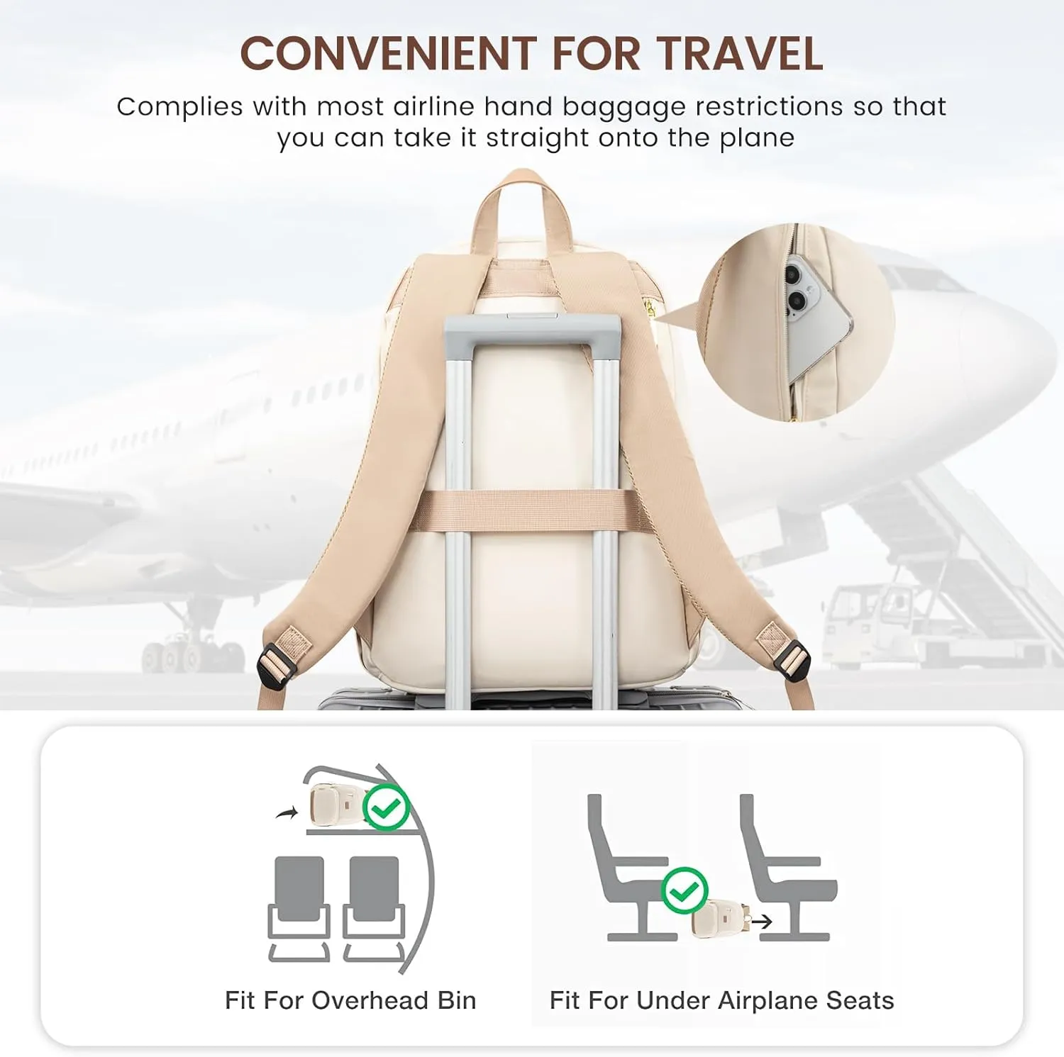 LOVEVOOK Travel Laptop Backpack for Women, Waterproof Work Backpack Fits 15.6 Inch Laptop, Large Computer Backpack for College, Beige