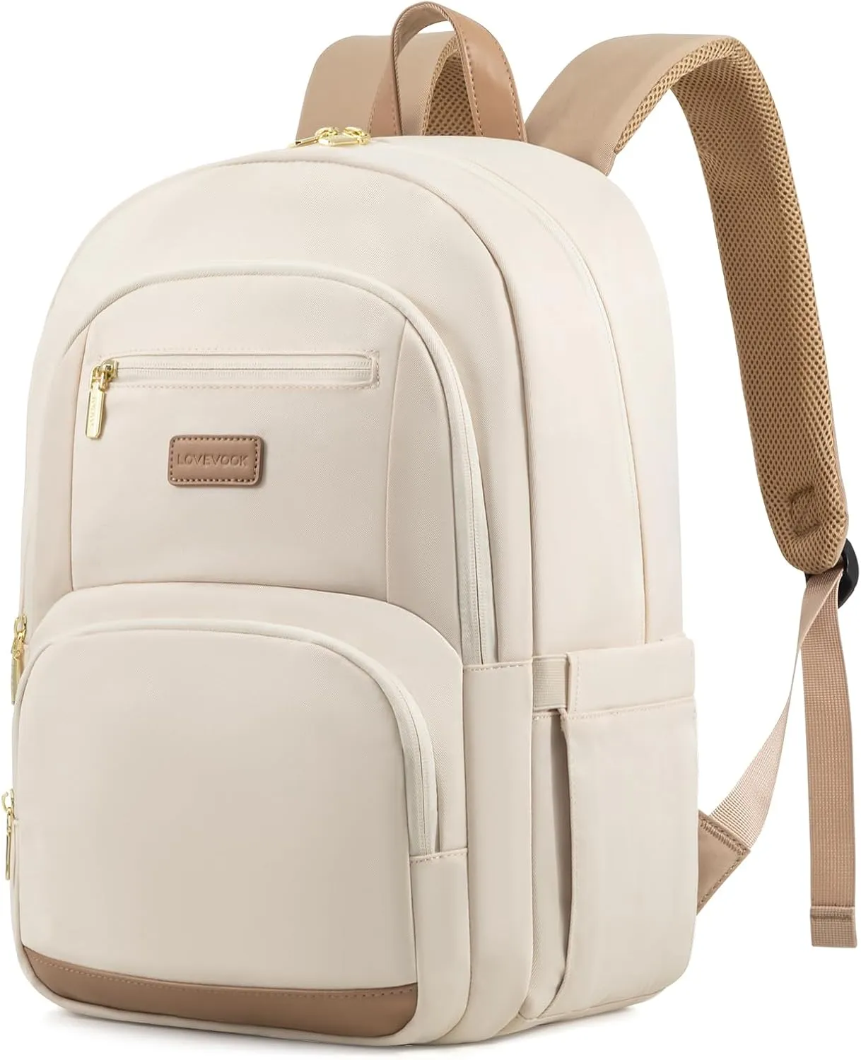 LOVEVOOK Travel Laptop Backpack for Women, Waterproof Work Backpack Fits 15.6 Inch Laptop, Large Computer Backpack for College, Beige