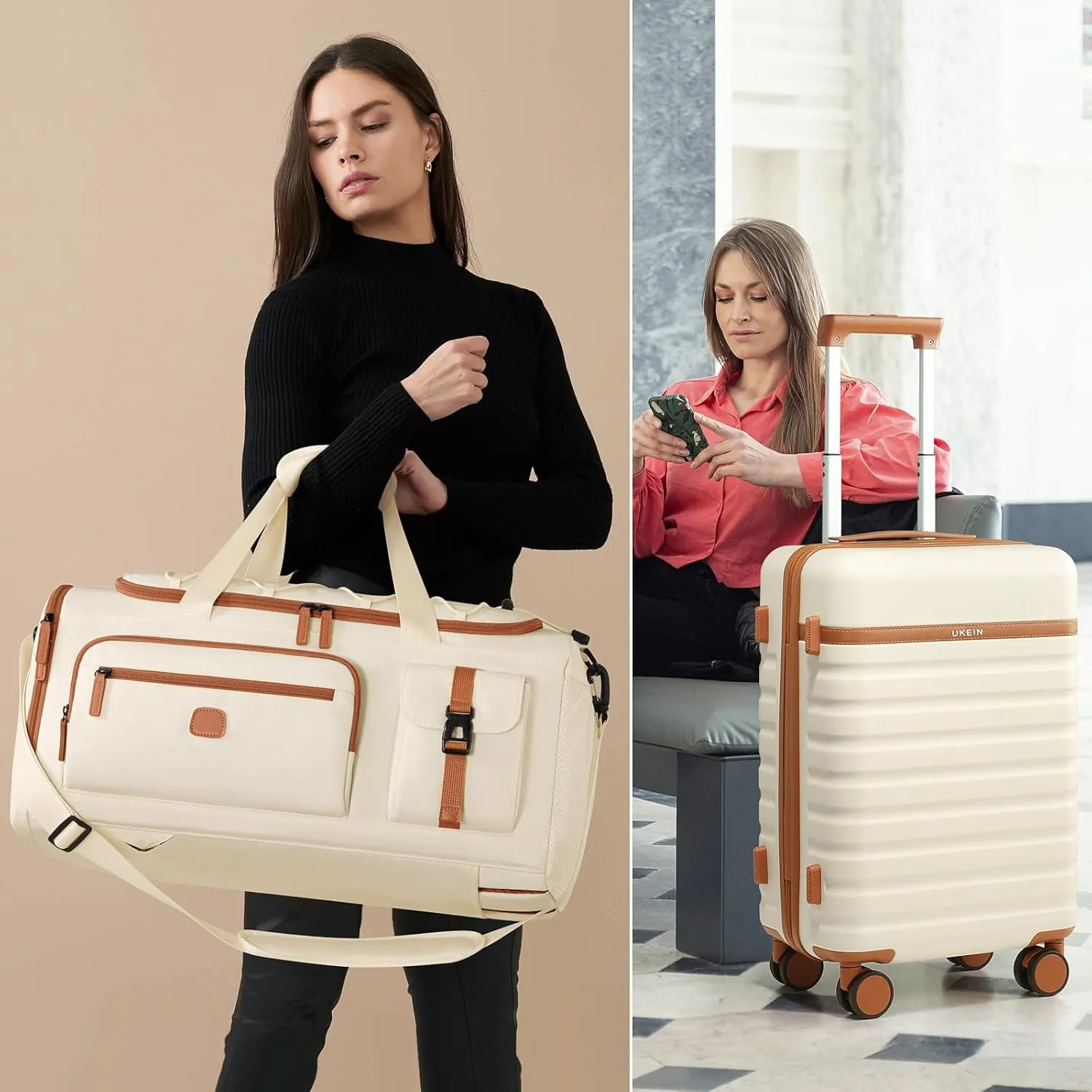 Luggage Sets 5 Piece,Polycarbonate Hardside Carry On Suitcase Set with Spinner Wheel TSA Lock, Suitcase set with Travel Bag for Women Men (Beige, 5 piece set)
