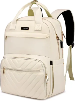 Lunch Backpack for Women, Water Resistant Insulated Cooler Lunch Bag, 15.6 inch Laptop Backpacks with USB Port, Picnic Backpack with Lunch Box, for College Work Camping Beaches, Beige