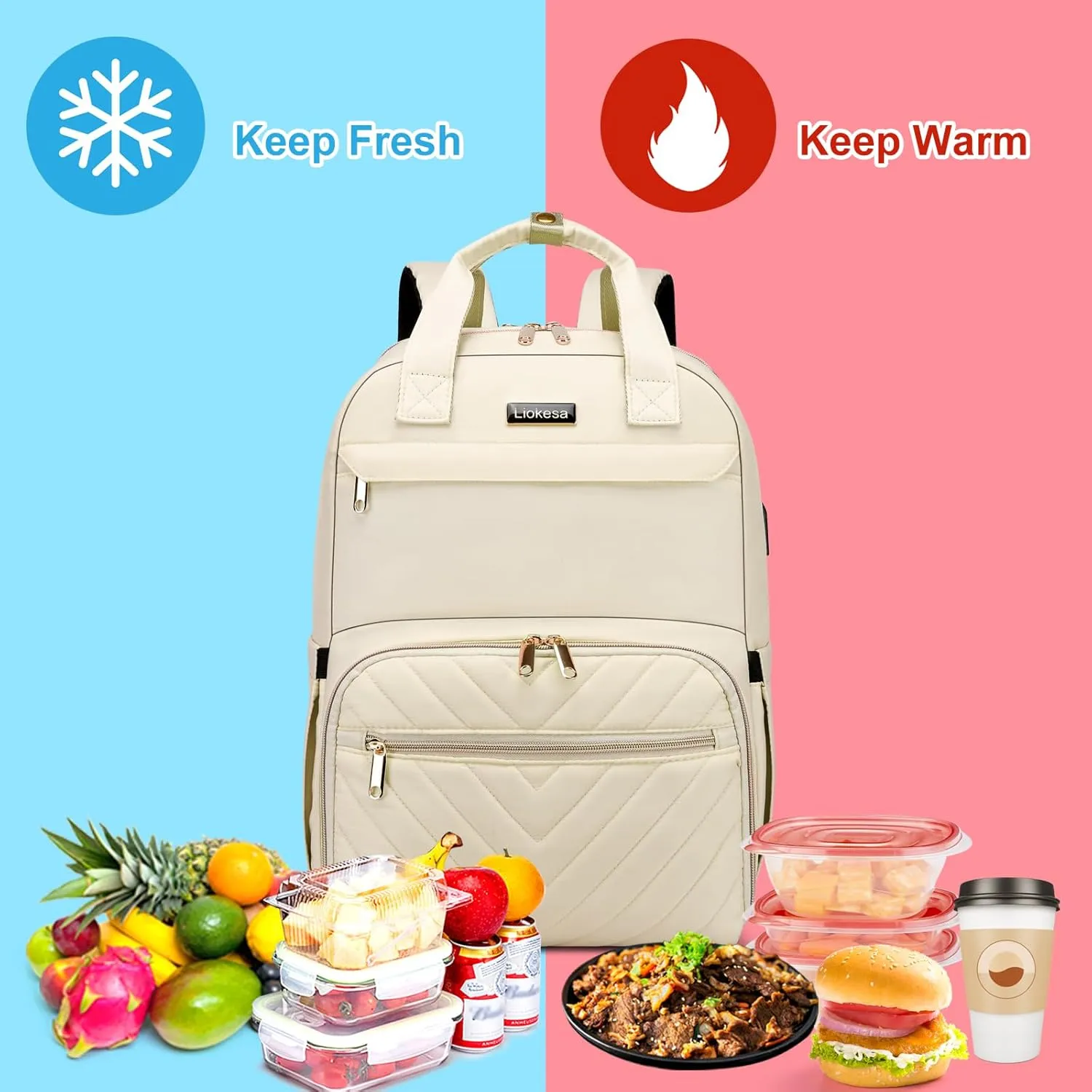 Lunch Backpack for Women, Water Resistant Insulated Cooler Lunch Bag, 15.6 inch Laptop Backpacks with USB Port, Picnic Backpack with Lunch Box, for College Work Camping Beaches, Beige
