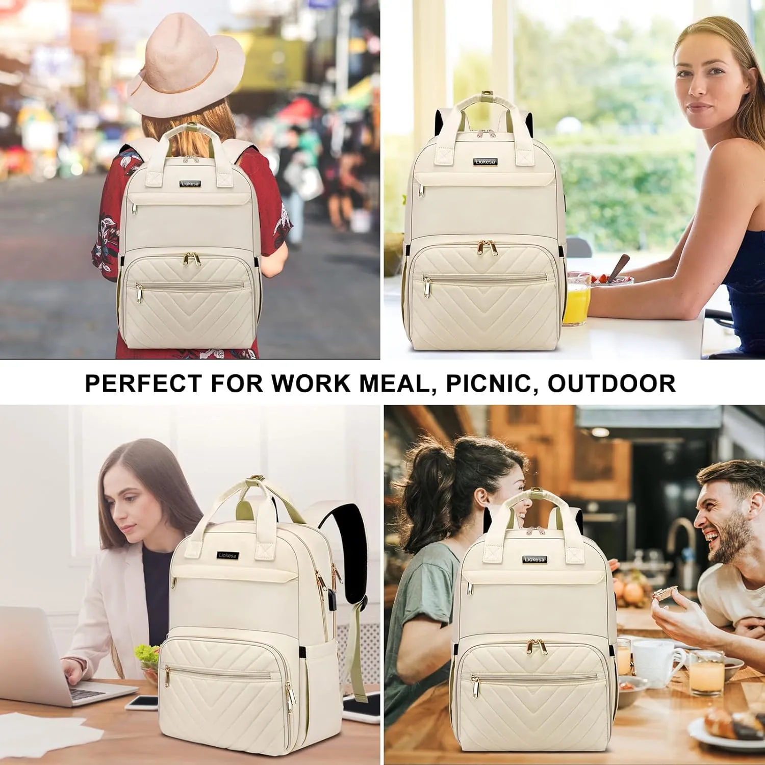 Lunch Backpack for Women, Water Resistant Insulated Cooler Lunch Bag, 15.6 inch Laptop Backpacks with USB Port, Picnic Backpack with Lunch Box, for College Work Camping Beaches, Beige