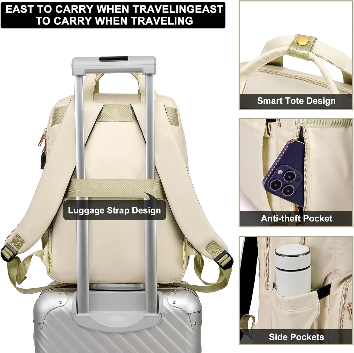 Lunch Backpack for Women, Water Resistant Insulated Cooler Lunch Bag, 15.6 inch Laptop Backpacks with USB Port, Picnic Backpack with Lunch Box, for College Work Camping Beaches, Beige