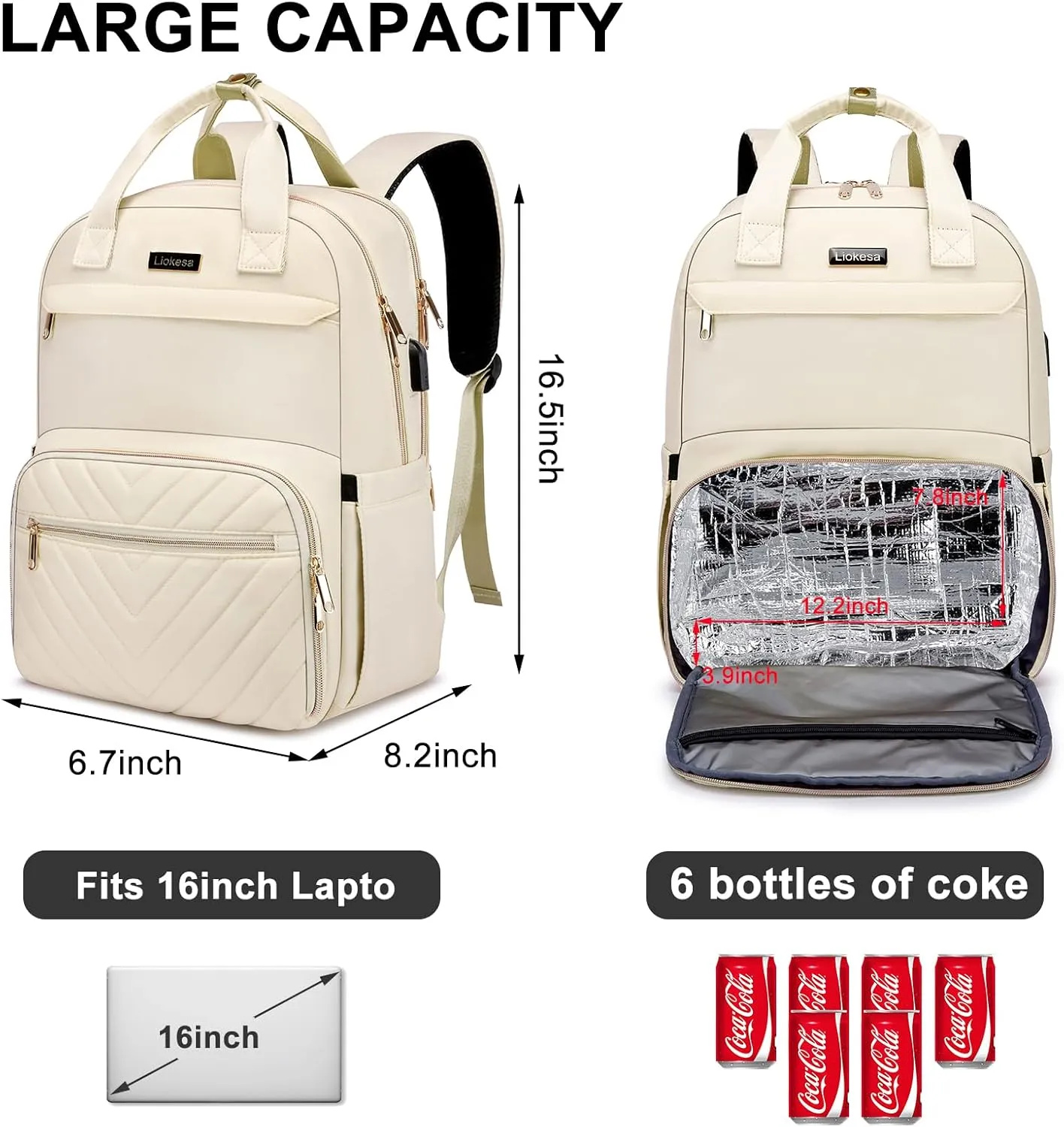 Lunch Backpack for Women, Water Resistant Insulated Cooler Lunch Bag, 15.6 inch Laptop Backpacks with USB Port, Picnic Backpack with Lunch Box, for College Work Camping Beaches, Beige