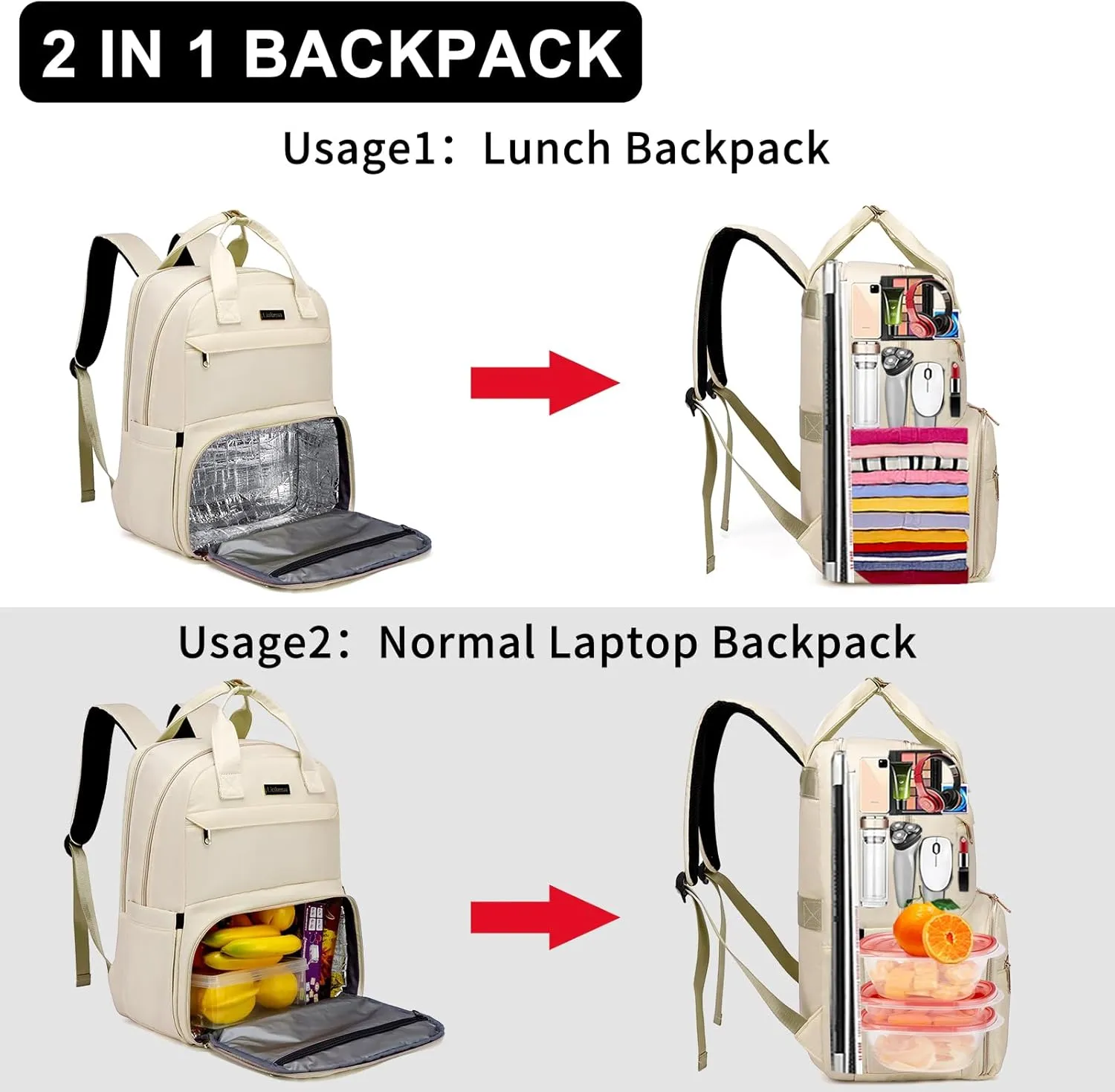 Lunch Backpack for Women, Water Resistant Insulated Cooler Lunch Bag, 15.6 inch Laptop Backpacks with USB Port, Picnic Backpack with Lunch Box, for College Work Camping Beaches, Beige