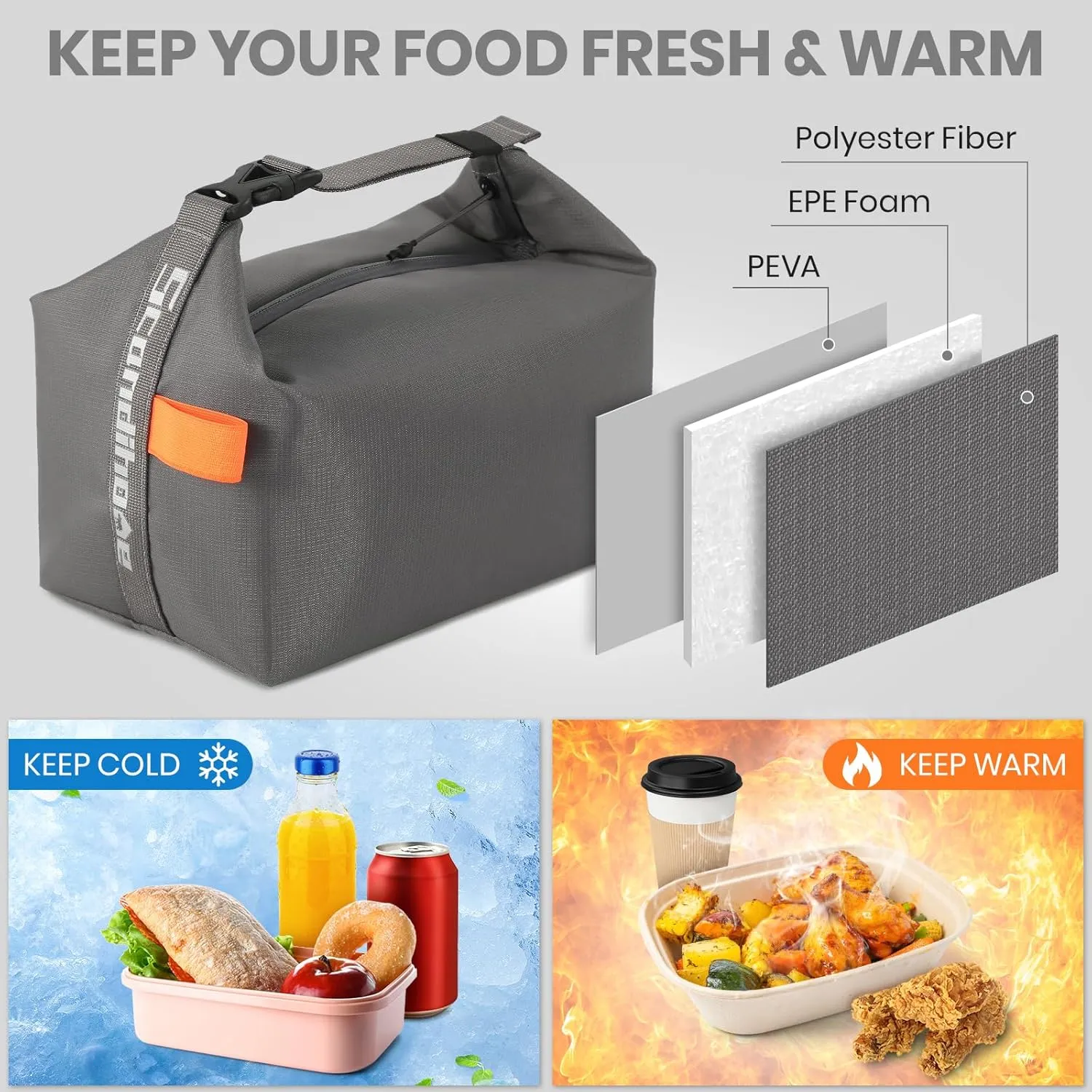 Lunch Bag for Women & Men Fresh Keep Lunch Box, Small Leakproof Cooler Bag Food Lunch Containers High Capacity Reusable Lunch Tote Bags for Work, Office, Picnic, Travel (Gray)
