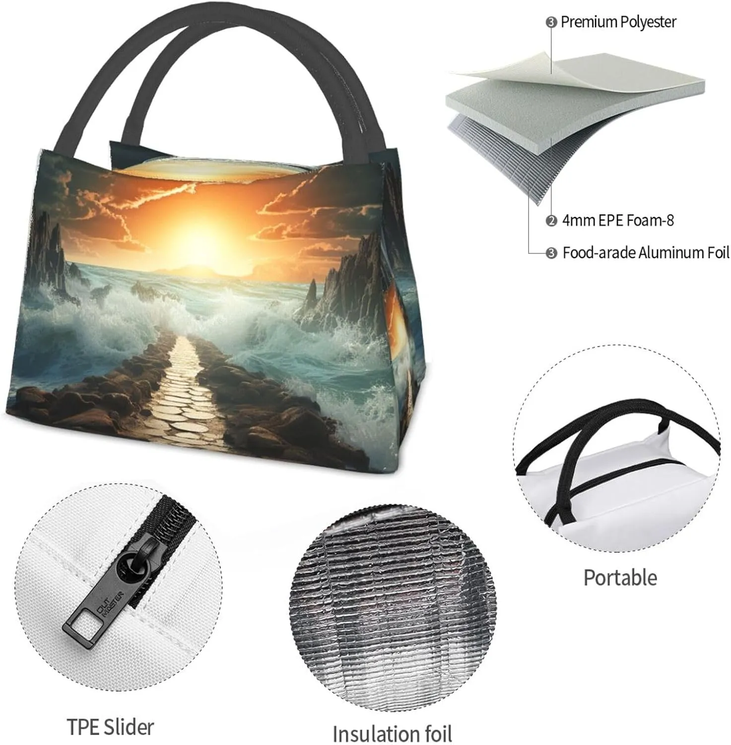 Lunch Bag Insulated Lunch Box for Women Men Reusable Divided Sea Pathway Lunch Tote Cooler Bag for Office Work