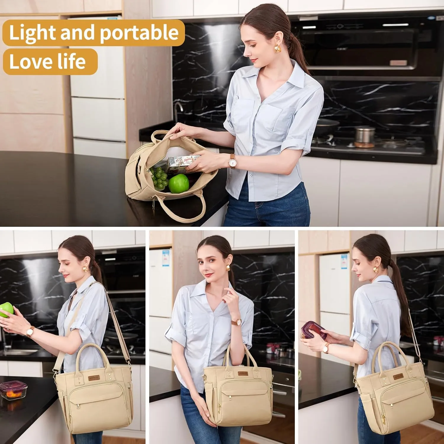 Lunch Bag Lunch Box Women Insulated Cooler Bag for Work, Large Lunchbox for Adult, Leakproof Womens Lunch Tote Bags with Shoulder Strap for Travel, Picnic, Beige