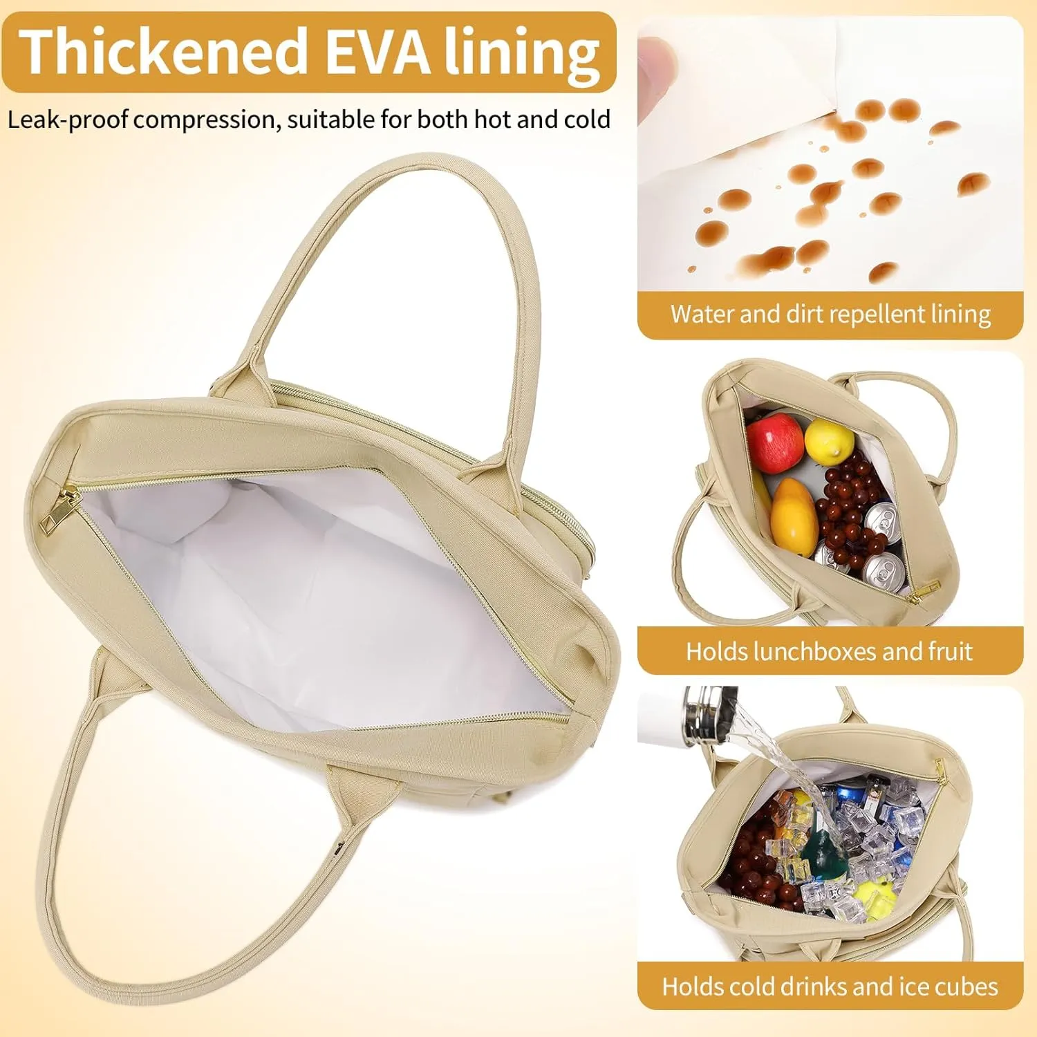 Lunch Bag Lunch Box Women Insulated Cooler Bag for Work, Large Lunchbox for Adult, Leakproof Womens Lunch Tote Bags with Shoulder Strap for Travel, Picnic, Beige