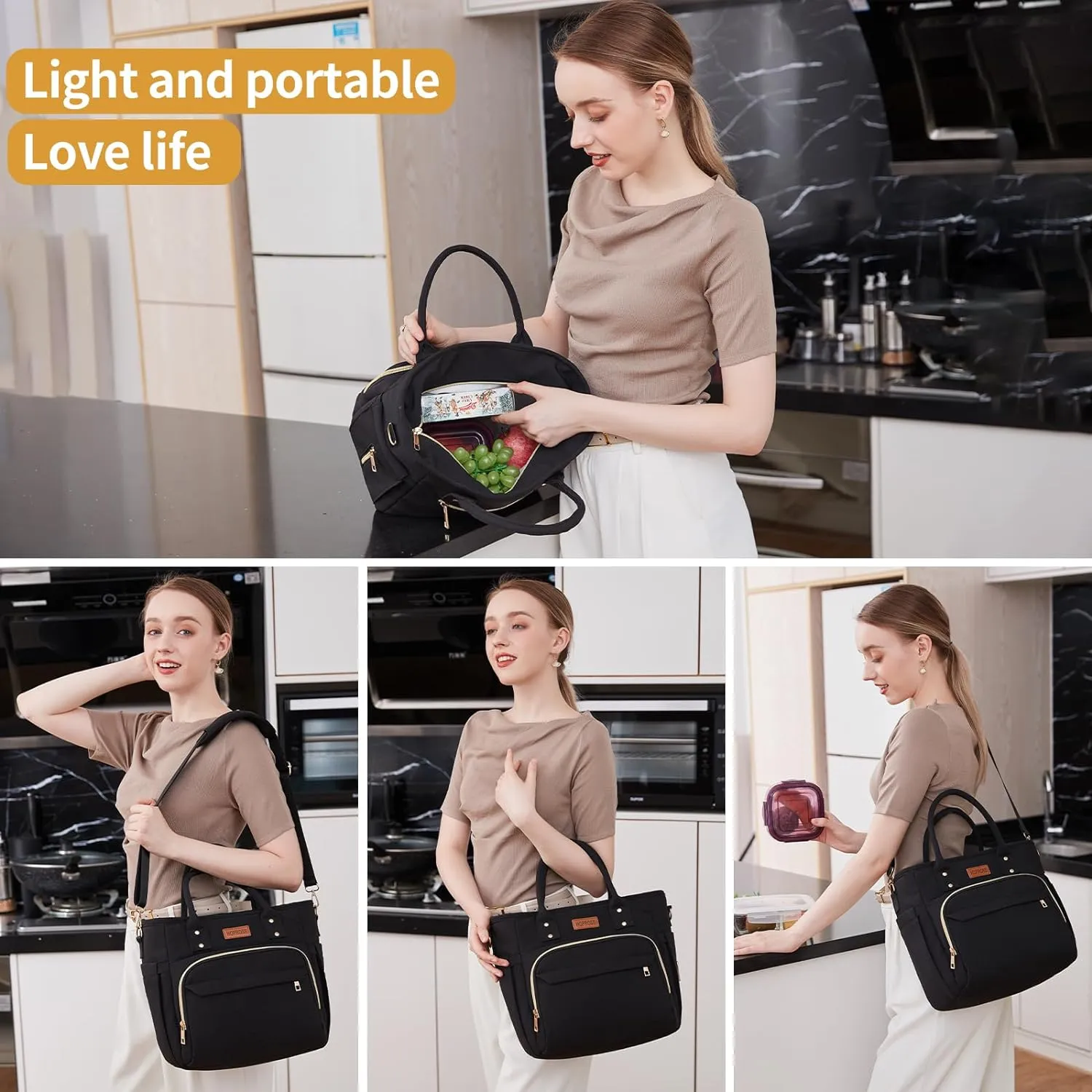 Lunch Bag Lunch Box Women Insulated Cooler Bag for Work, Large Lunchbox for Adult, Leakproof Womens Lunch Tote Bags with Shoulder Strap for Travel, Picnic, Black